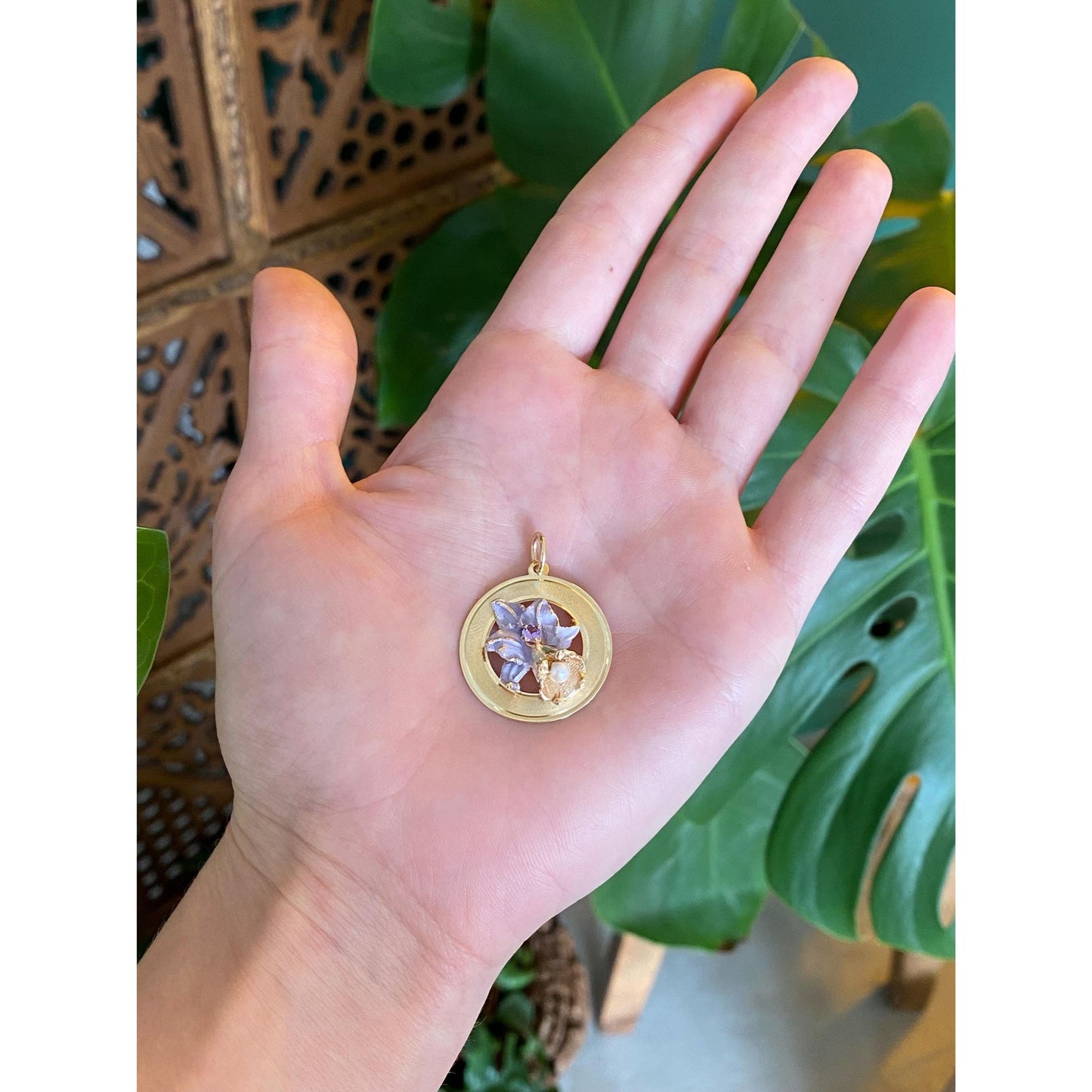 Vintage Solid 14k Yellow Gold Light Purple Sapphire Pearl Enamel Flower Charm