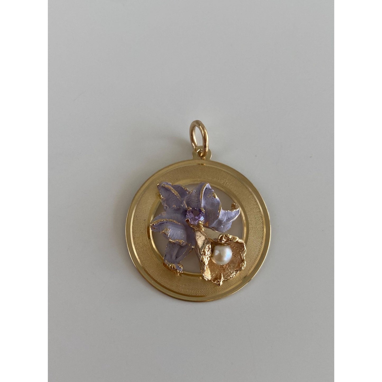 Vintage Solid 14k Yellow Gold Light Purple Sapphire Pearl Enamel Flower Charm