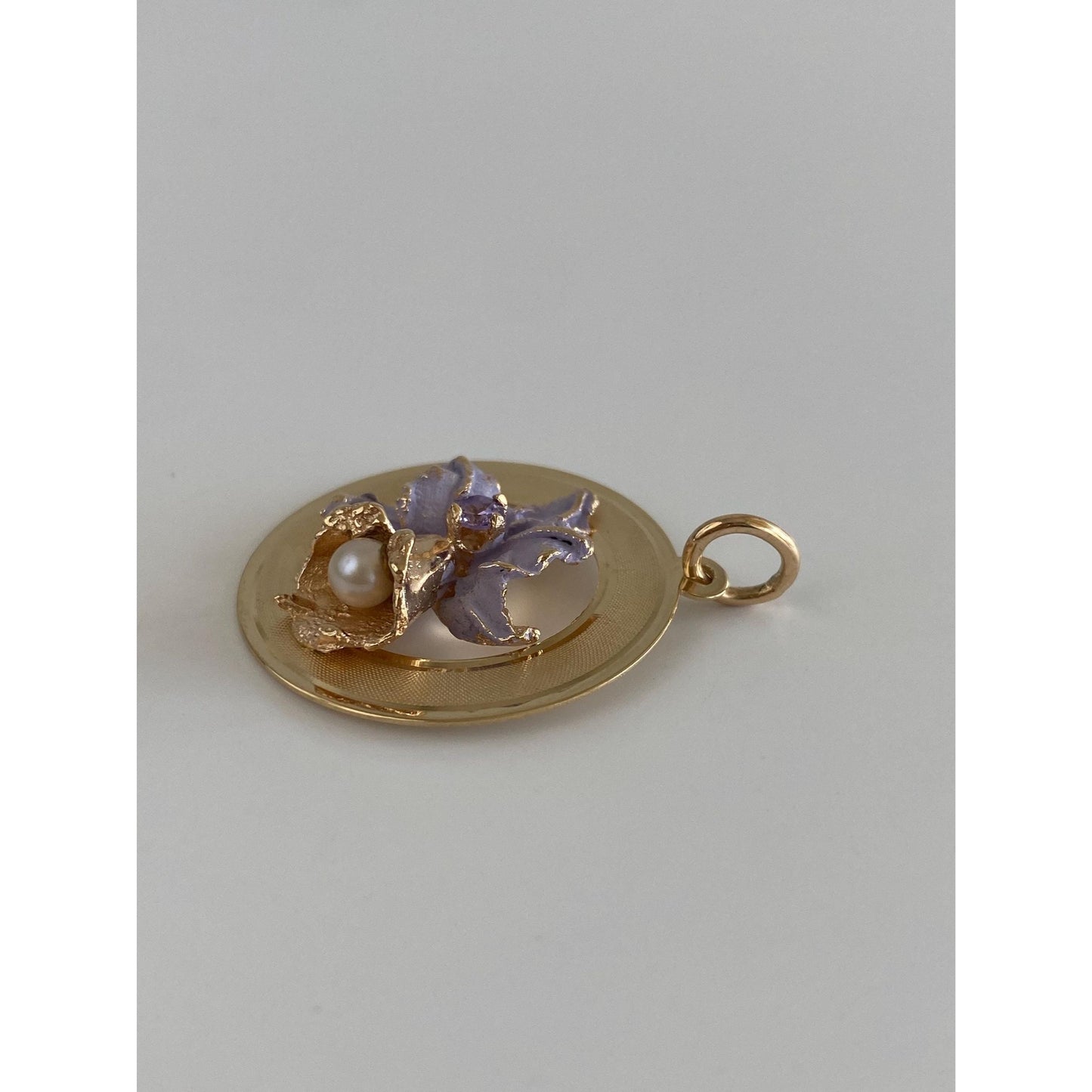 Vintage Solid 14k Yellow Gold Light Purple Sapphire Pearl Enamel Flower Charm