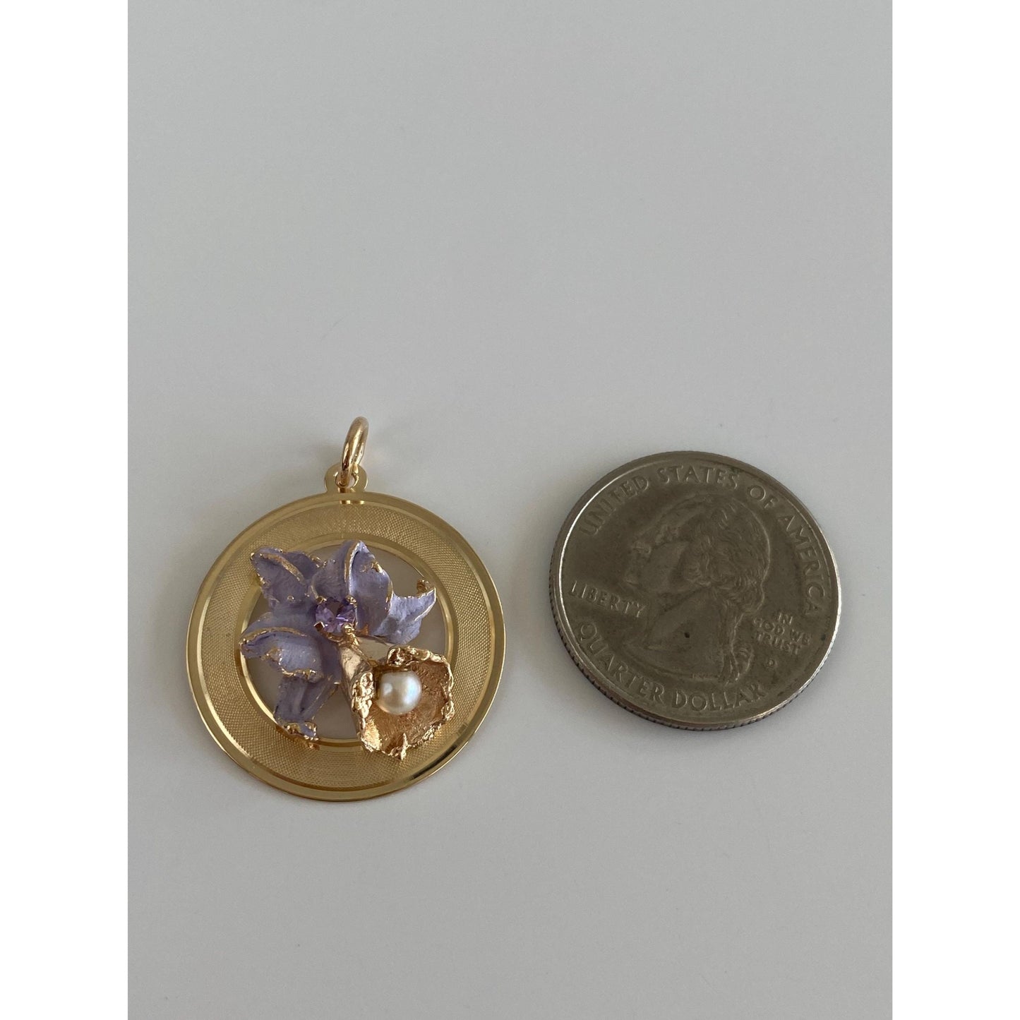 Vintage Solid 14k Yellow Gold Light Purple Sapphire Pearl Enamel Flower Charm