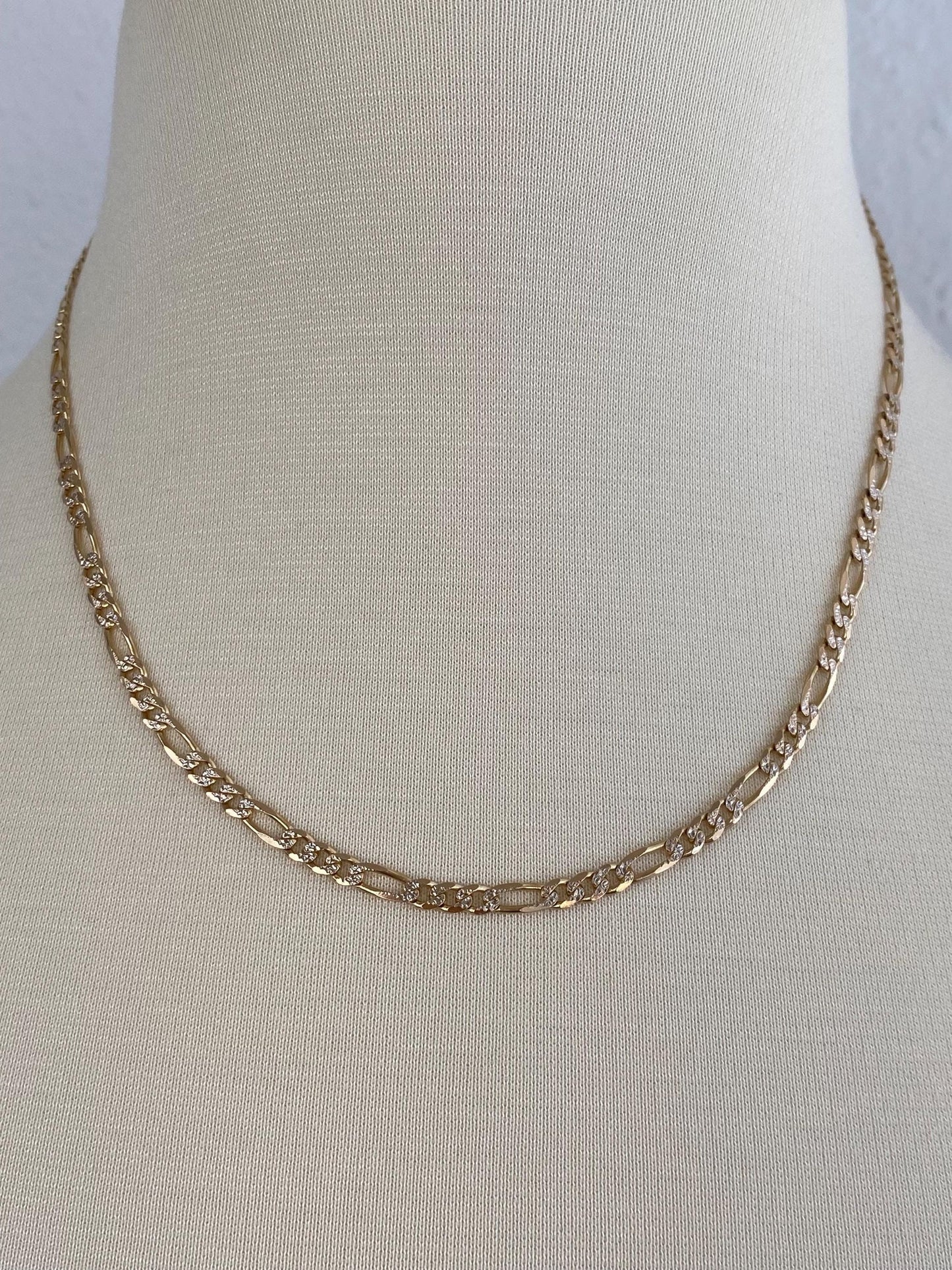 Vintage Solid 14k Yellow Gold Textured Figaro Chain Necklace - 18.25 inches
