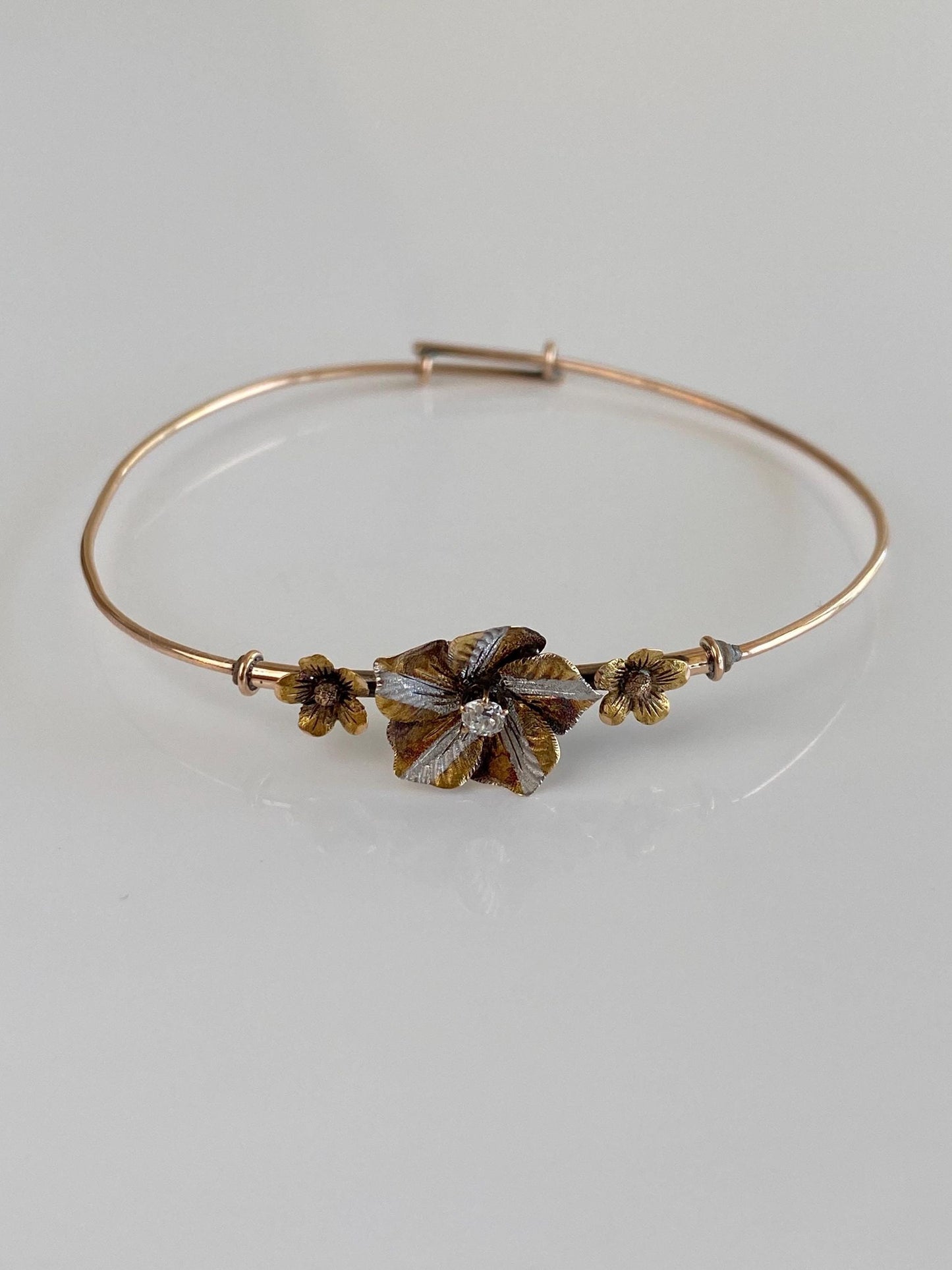 Vintage 9k Yellow Rosey & White Gold Diamond Flowers Bangle Bracelet - 7 1/4 Inches
