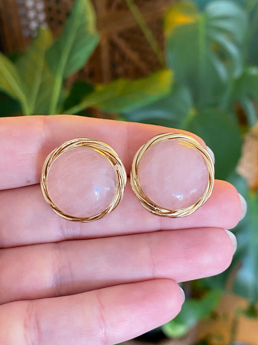 Vintage 14k Yellow Gold Rose Quartz Stud Earrings
