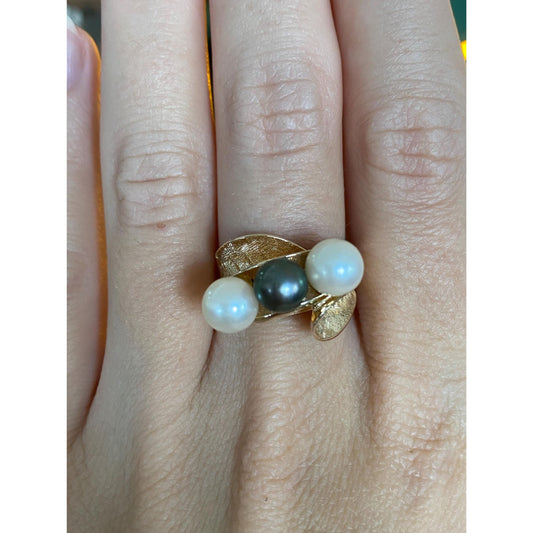 Vintage Solid 14k Yellow Gold White & Peacock Pearl Textured Ring - Size 6