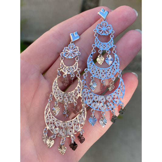 Vintage Solid 14k White Gold Diamond Cut Filigree Heart Chandelier Stud Earrings