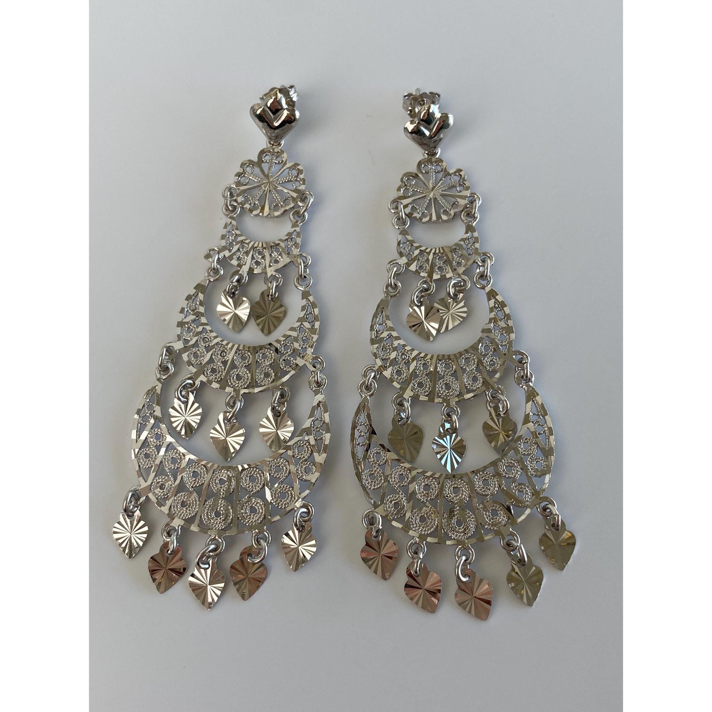 Vintage Solid 14k White Gold Diamond Cut Filigree Heart Chandelier Stud Earrings