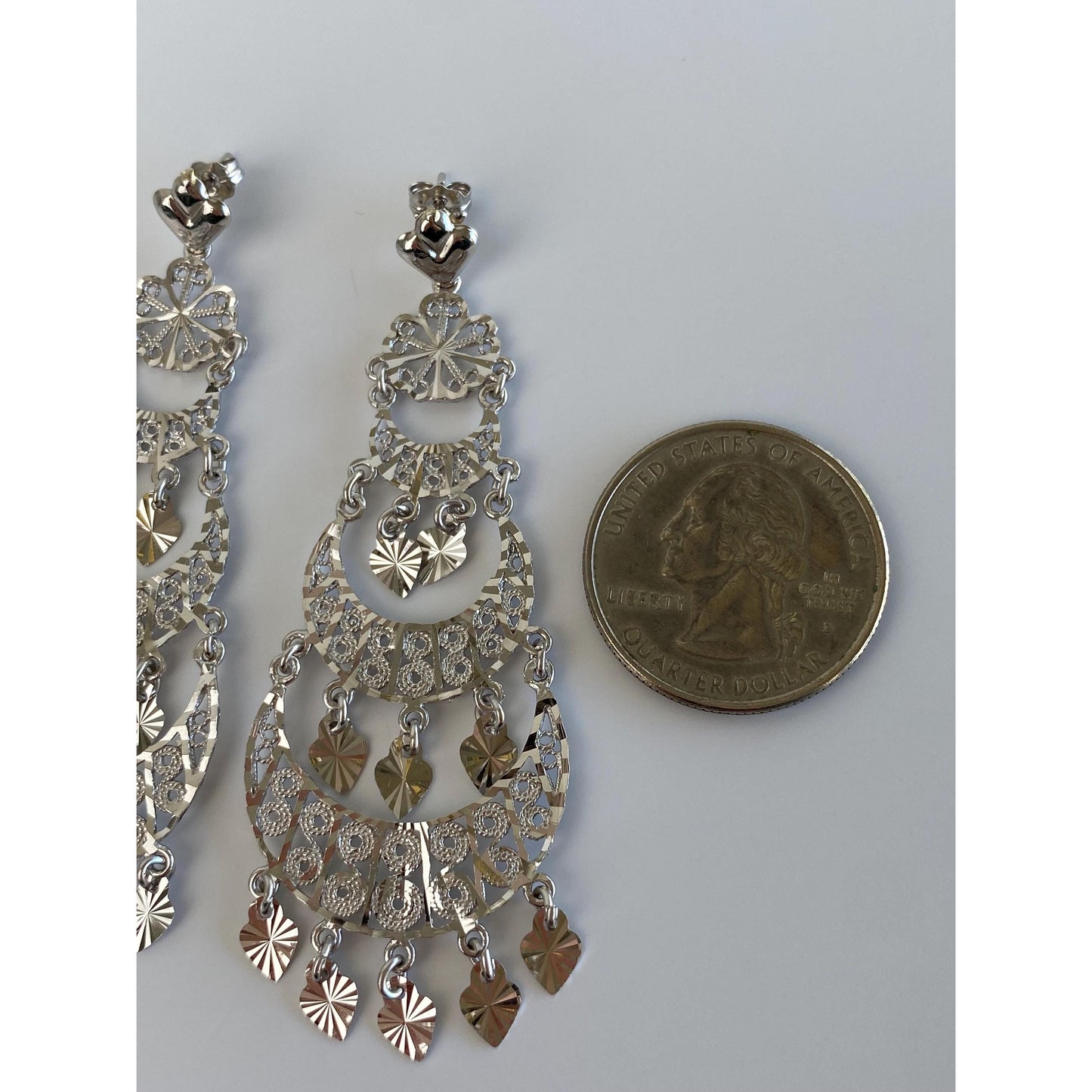 Vintage Solid 14k White Gold Diamond Cut Filigree Heart Chandelier Stud Earrings