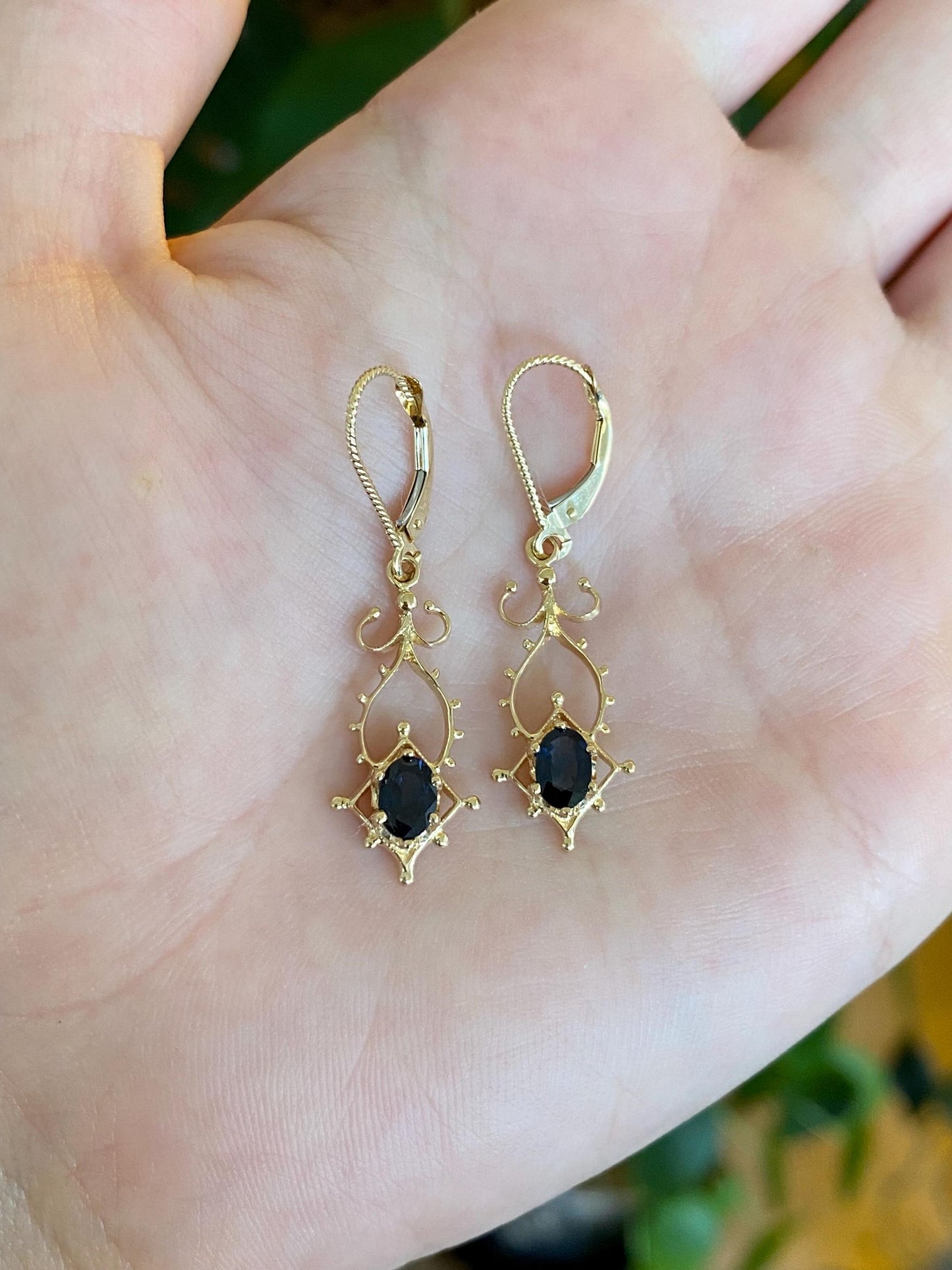 Vintage Solid 14k Yellow Gold Blue Sapphire Ornate Dangle Earrings