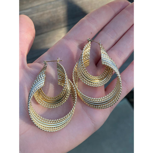 Vintage Solid 10k Yellow Gold Large Layered Rope Twist Hoop Earrings