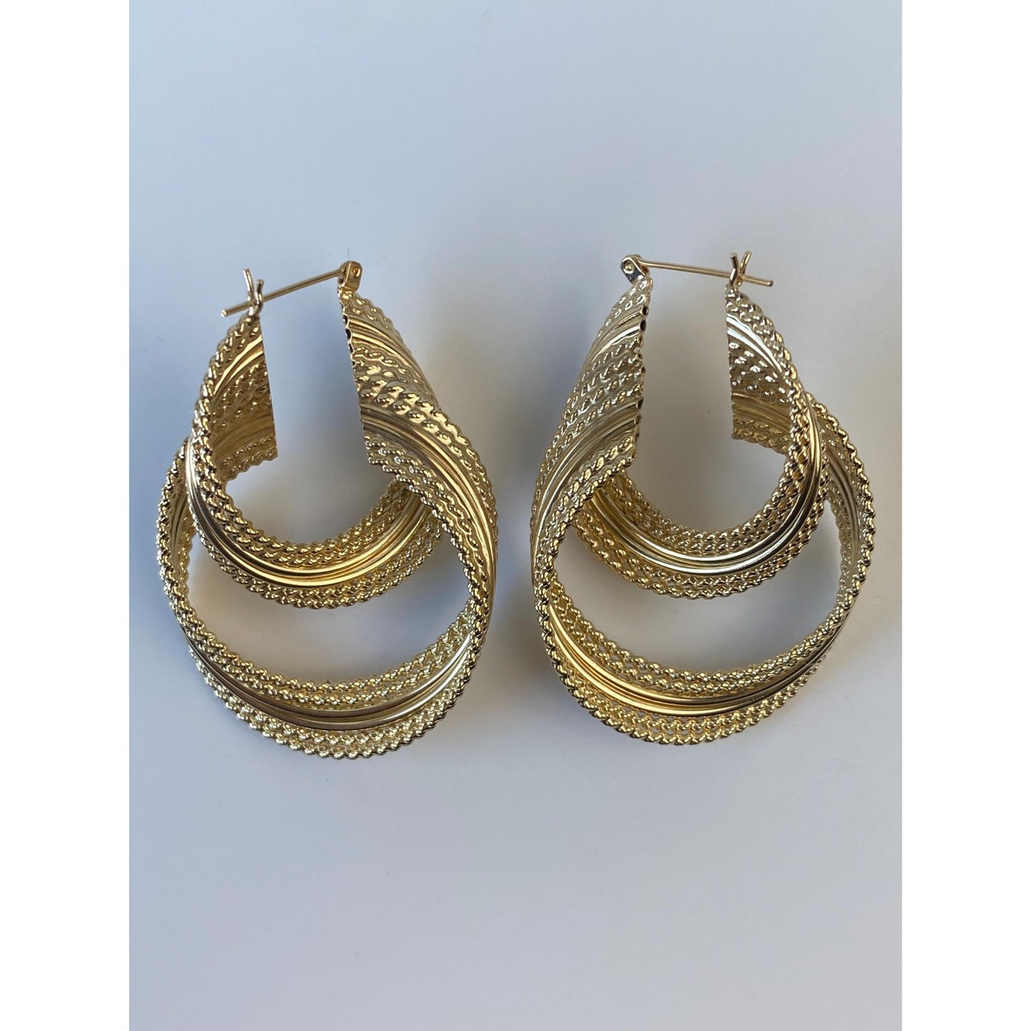 Vintage Solid 10k Yellow Gold Large Layered Rope Twist Hoop Earrings