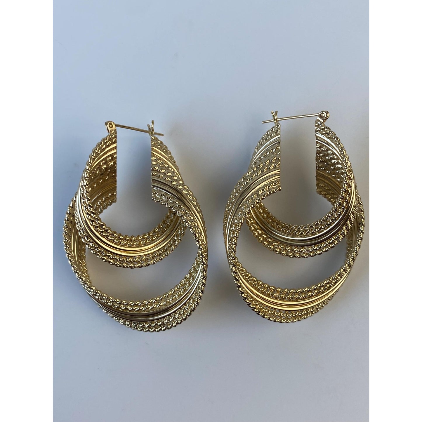 Vintage Solid 10k Yellow Gold Large Layered Rope Twist Hoop Earrings
