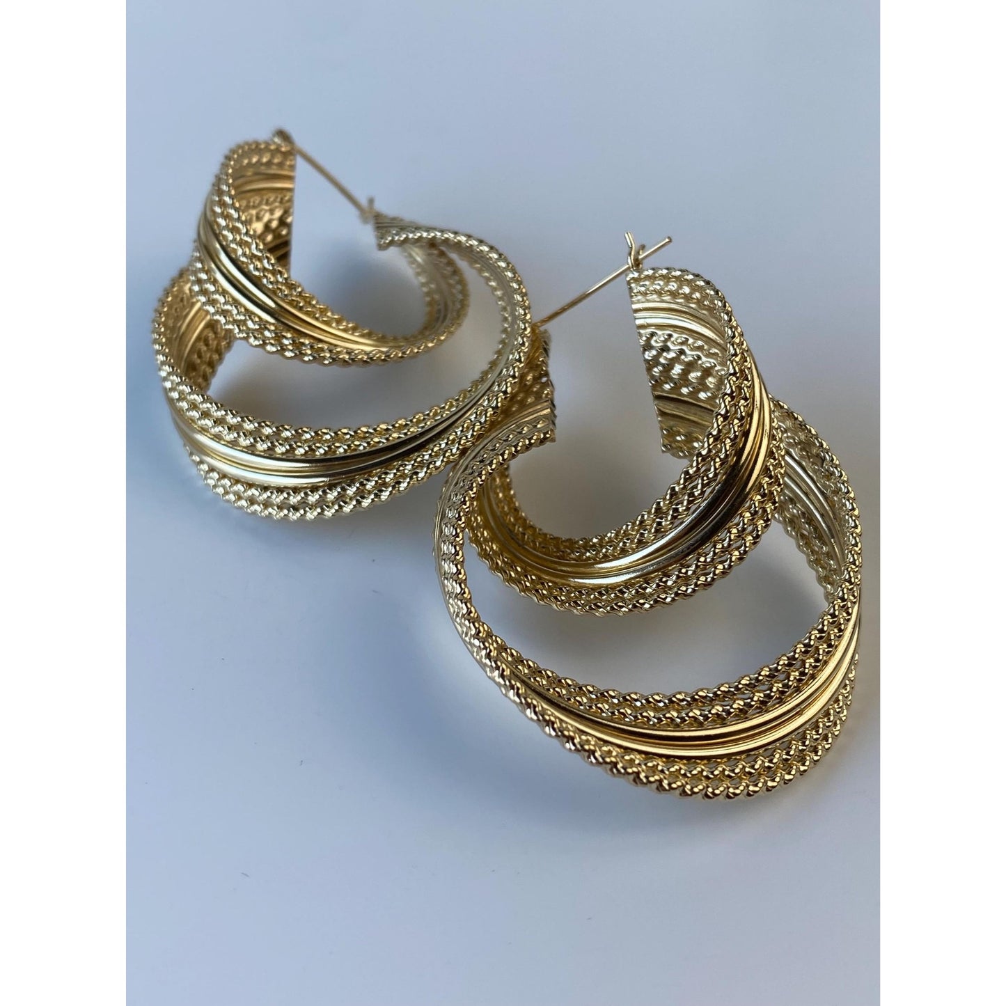 Vintage Solid 10k Yellow Gold Large Layered Rope Twist Hoop Earrings