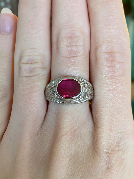 Vintage Solid 10k White Gold Pink Sapphire Designed Signet Ring - Size 7