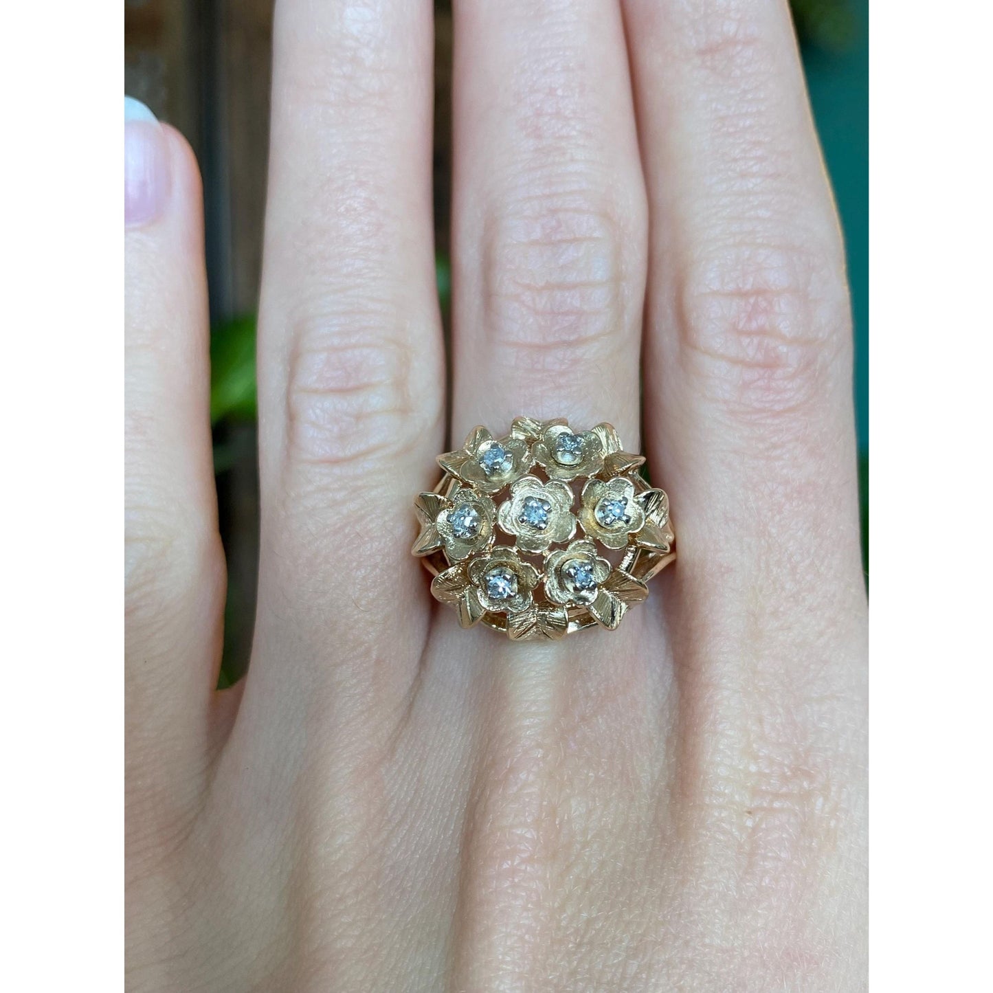 Vintage Solid 14k White & Yellow Gold Diamond Flower Bouquet Ring - Size 9.5