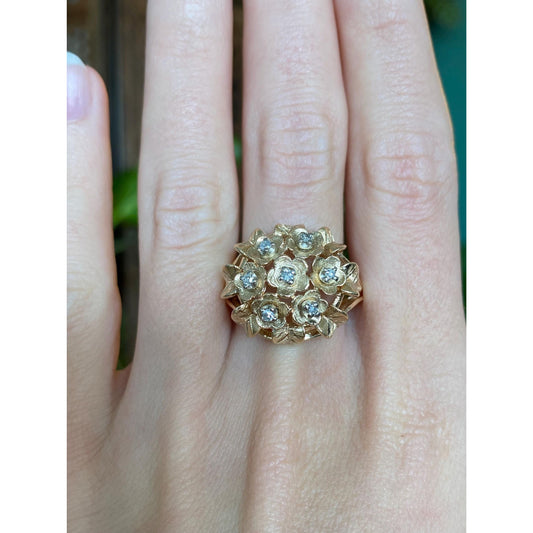 Vintage Solid 14k White & Yellow Gold Diamond Flower Bouquet Ring - Size 9.5