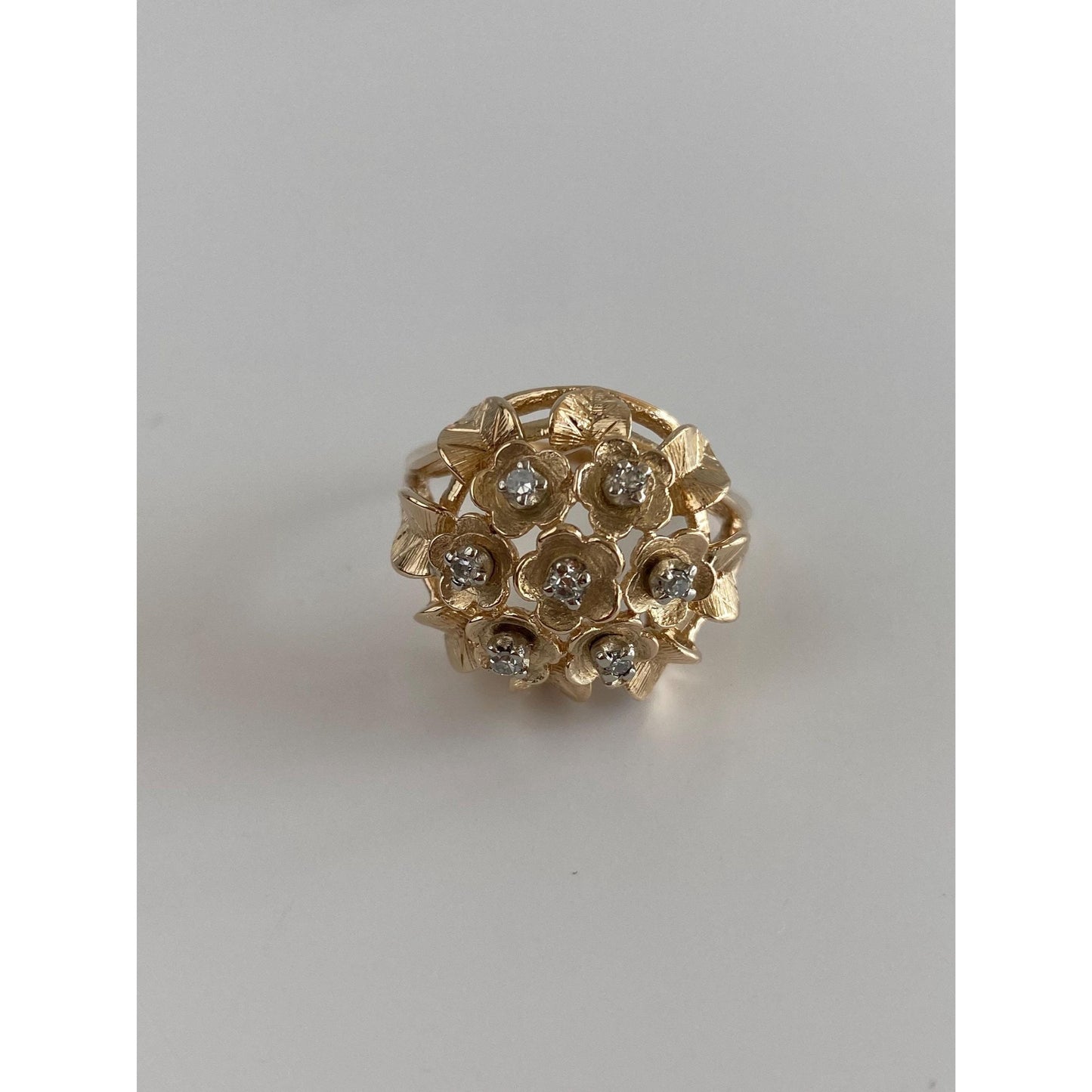 Vintage Solid 14k White & Yellow Gold Diamond Flower Bouquet Ring - Size 9.5