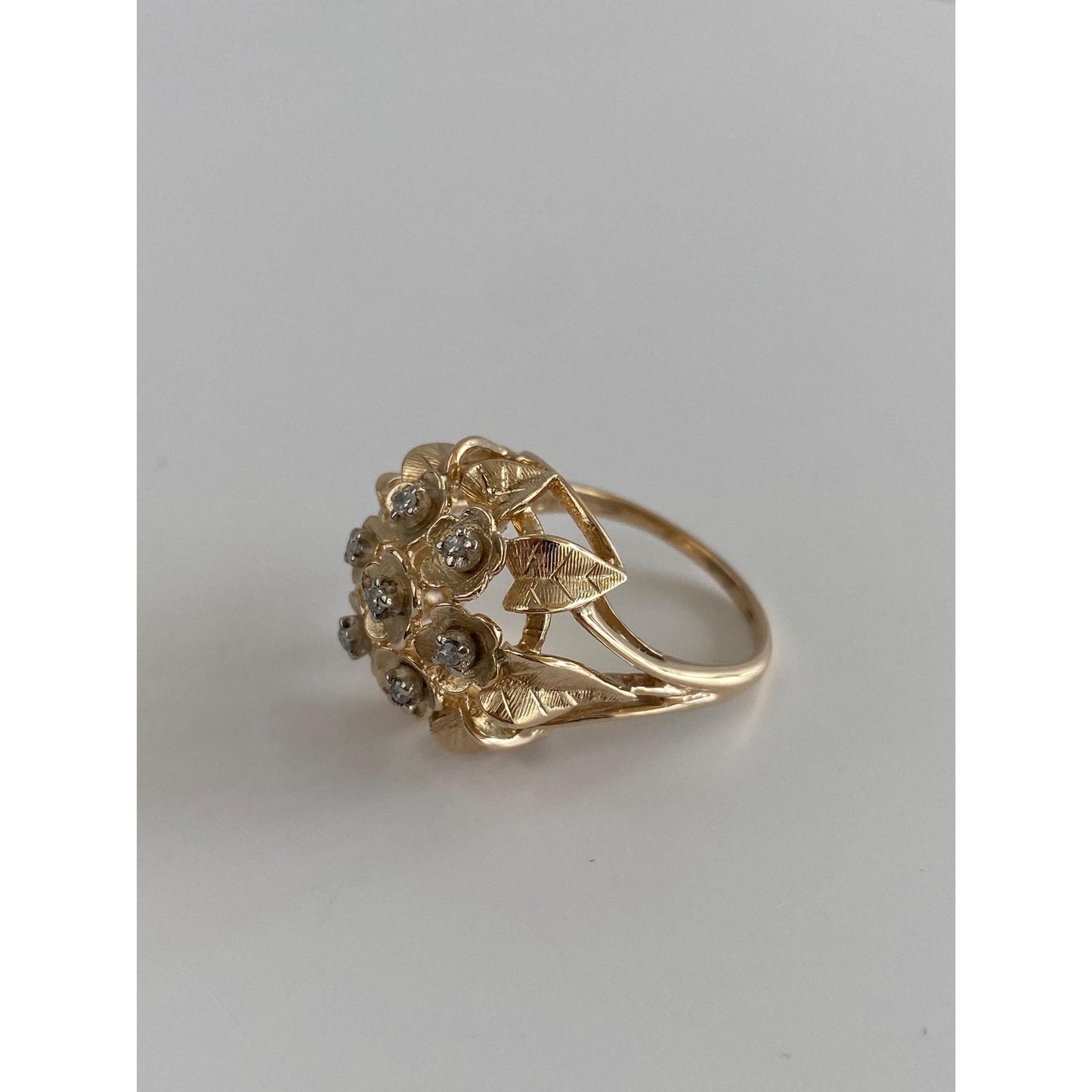 Vintage Solid 14k White & Yellow Gold Diamond Flower Bouquet Ring - Size 9.5