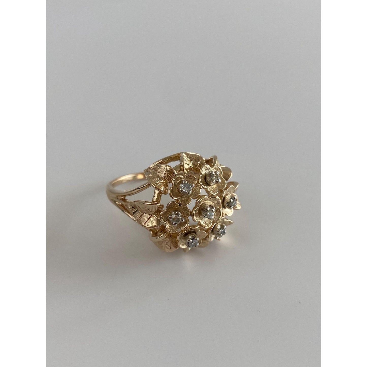 Vintage Solid 14k White & Yellow Gold Diamond Flower Bouquet Ring - Size 9.5