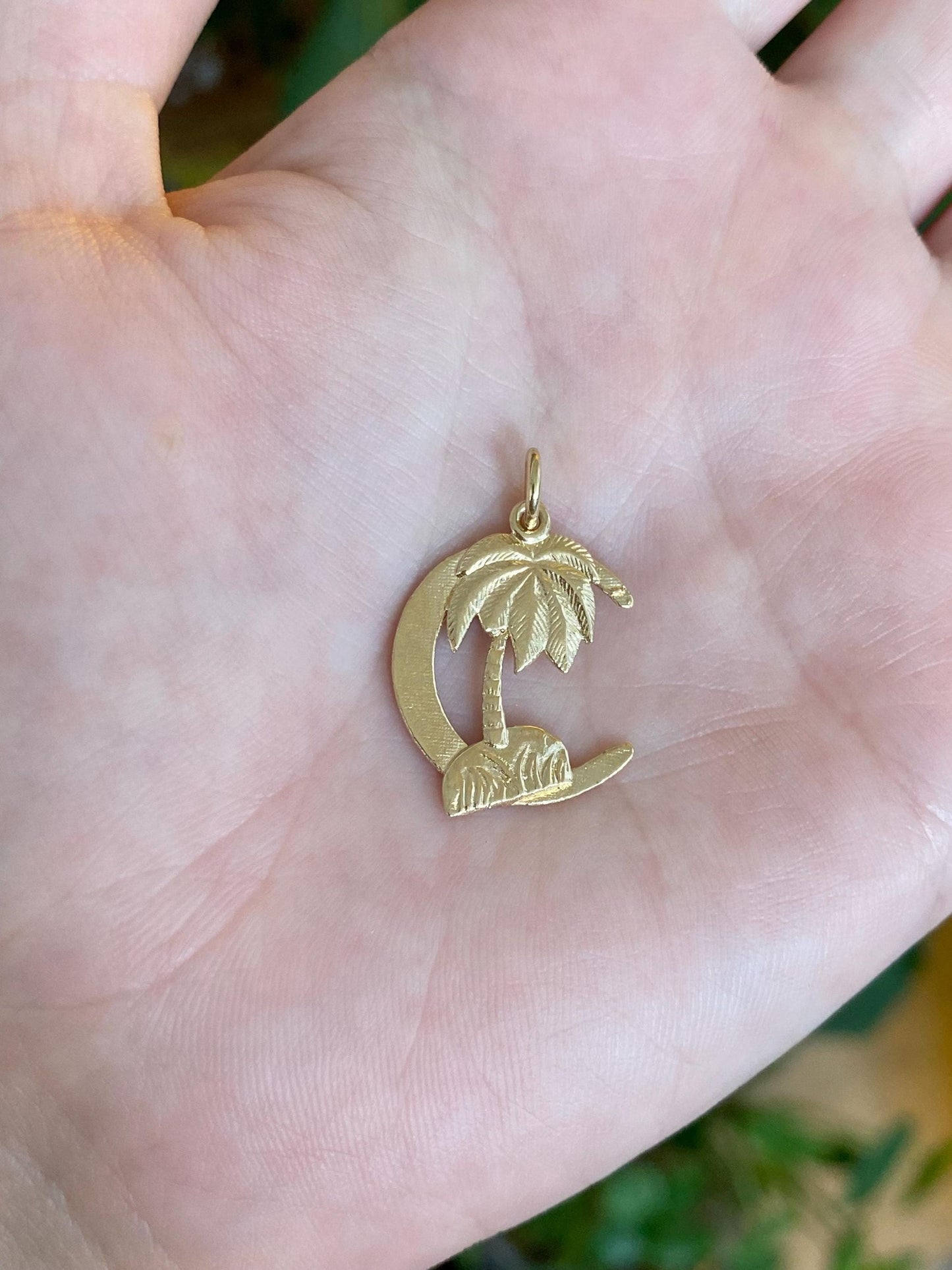 Vintage Solid 14k Yellow Gold Crescent Moon Palm Tree Charm
