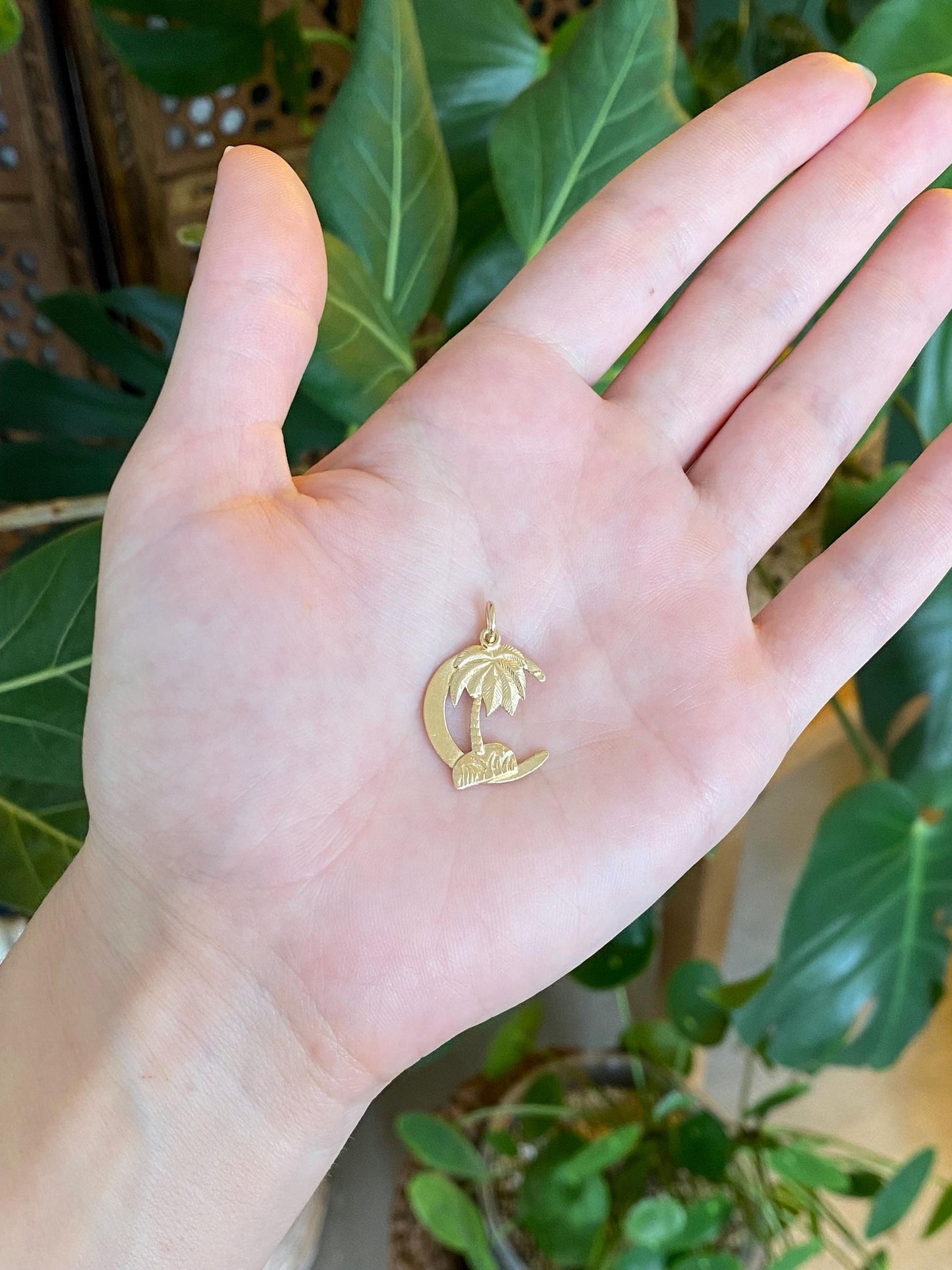 Vintage Solid 14k Yellow Gold Crescent Moon Palm Tree Charm