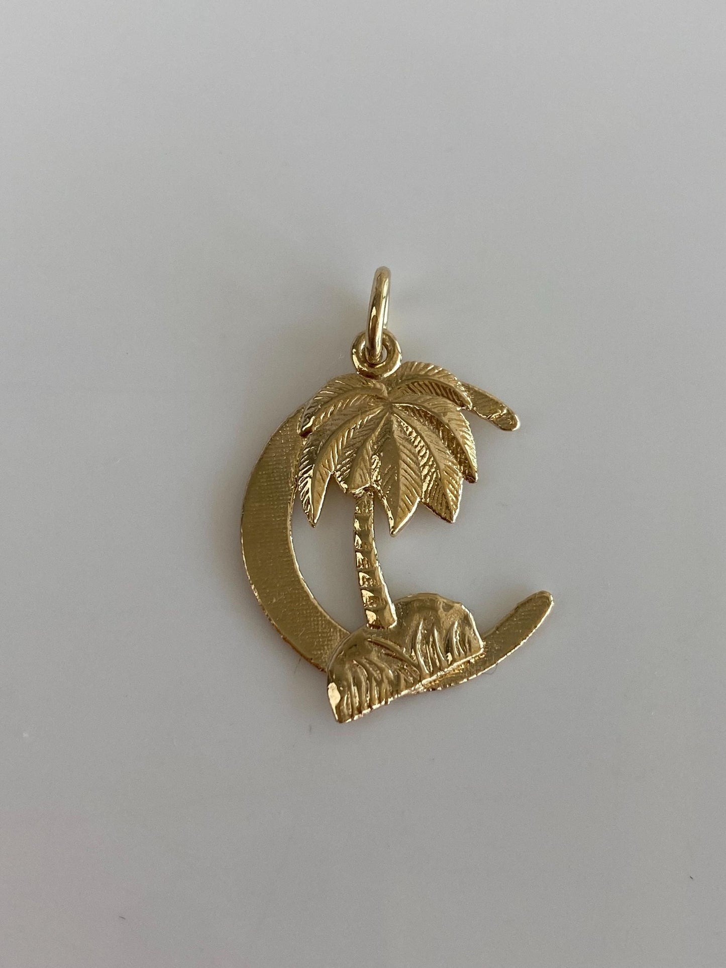 Vintage Solid 14k Yellow Gold Crescent Moon Palm Tree Charm