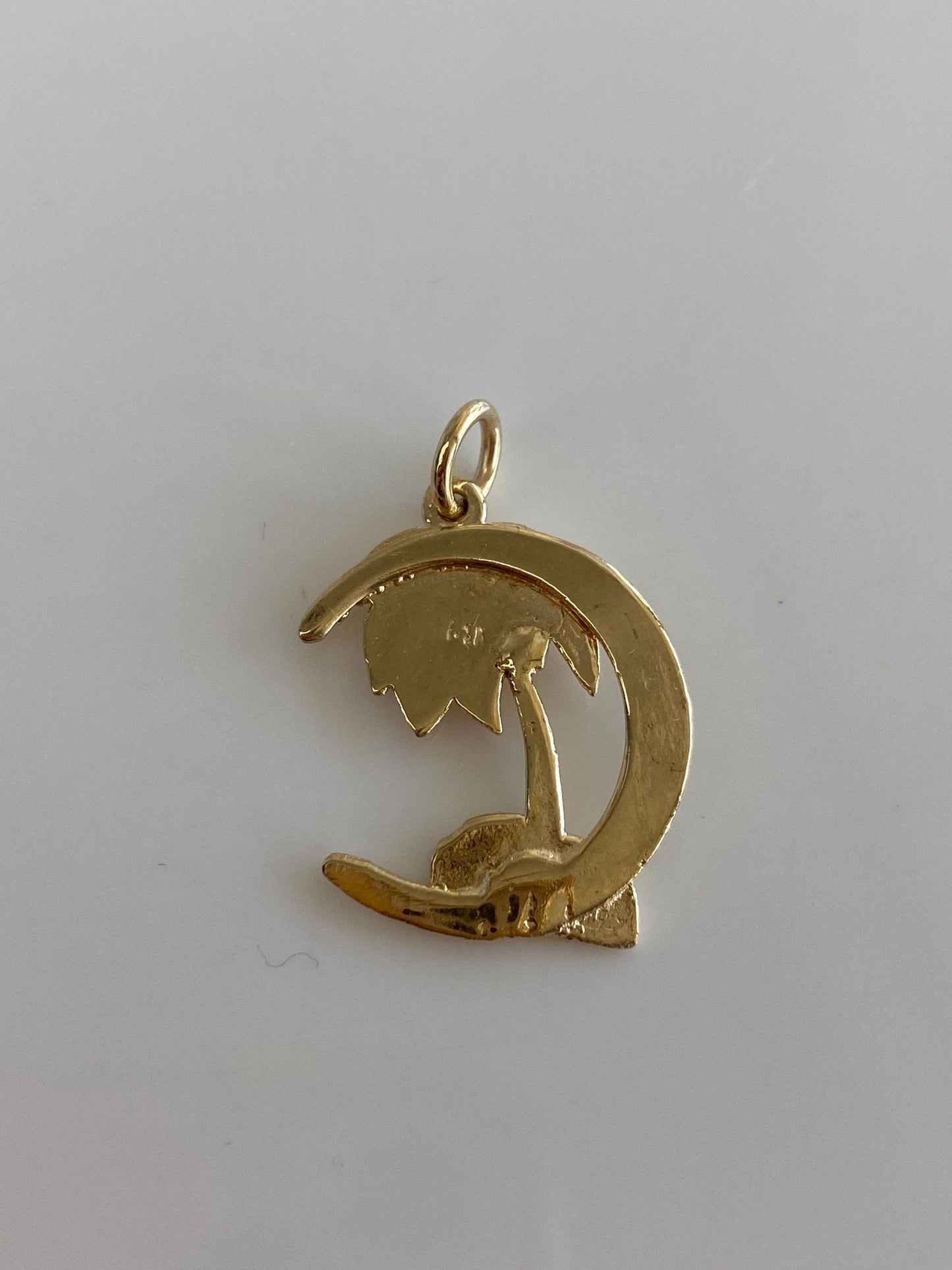 Vintage Solid 14k Yellow Gold Crescent Moon Palm Tree Charm