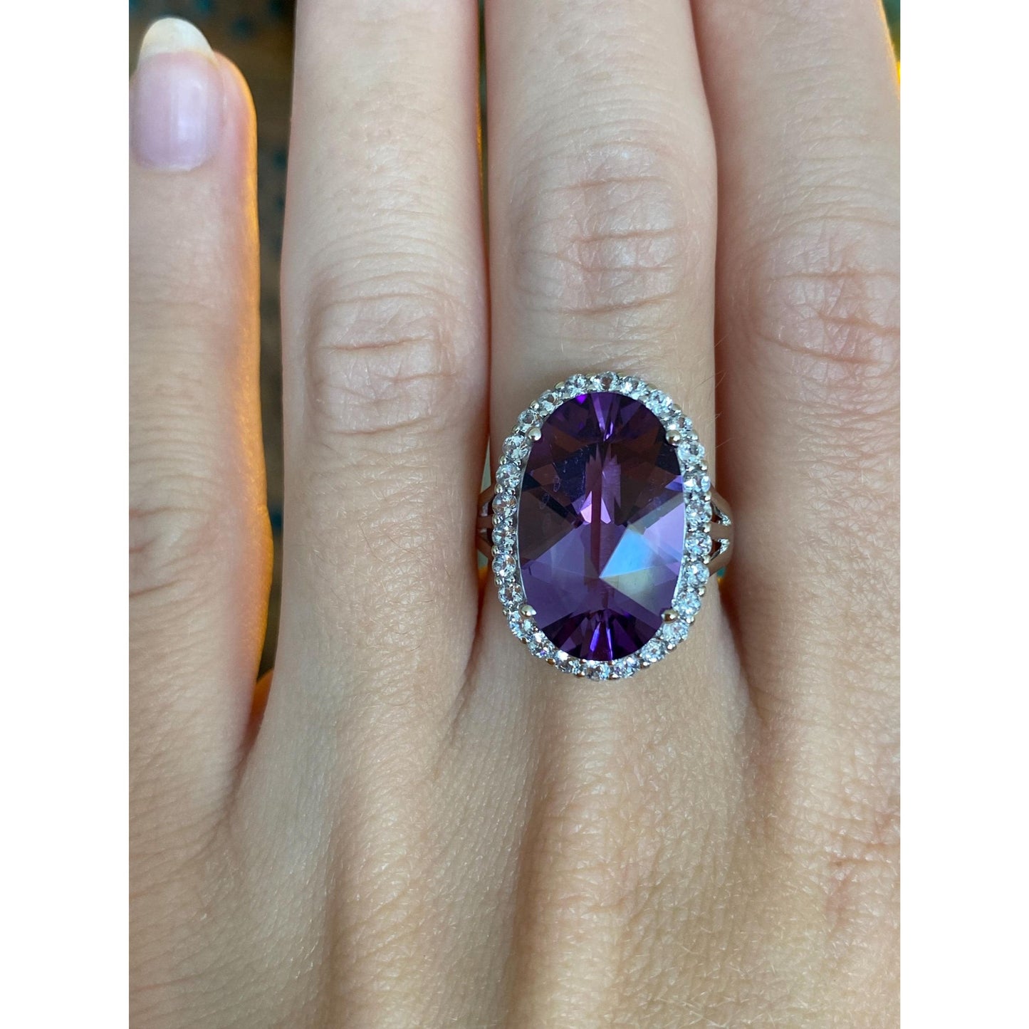Vintage Solid 14k White Gold Amethyst Clear Spinel Halo Ring - Size 7