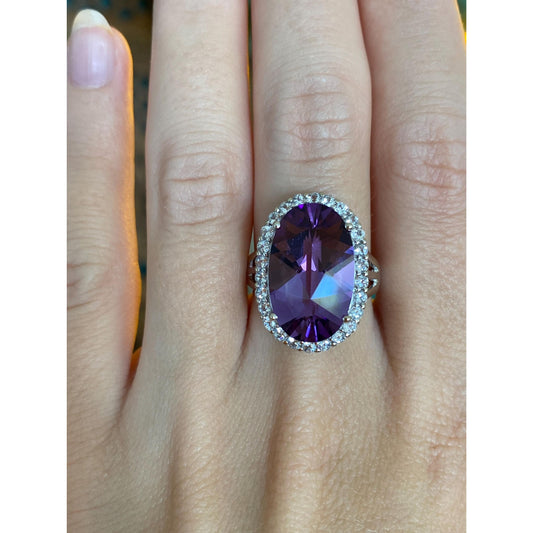 Vintage Solid 14k White Gold Amethyst Clear Spinel Halo Ring - Size 7