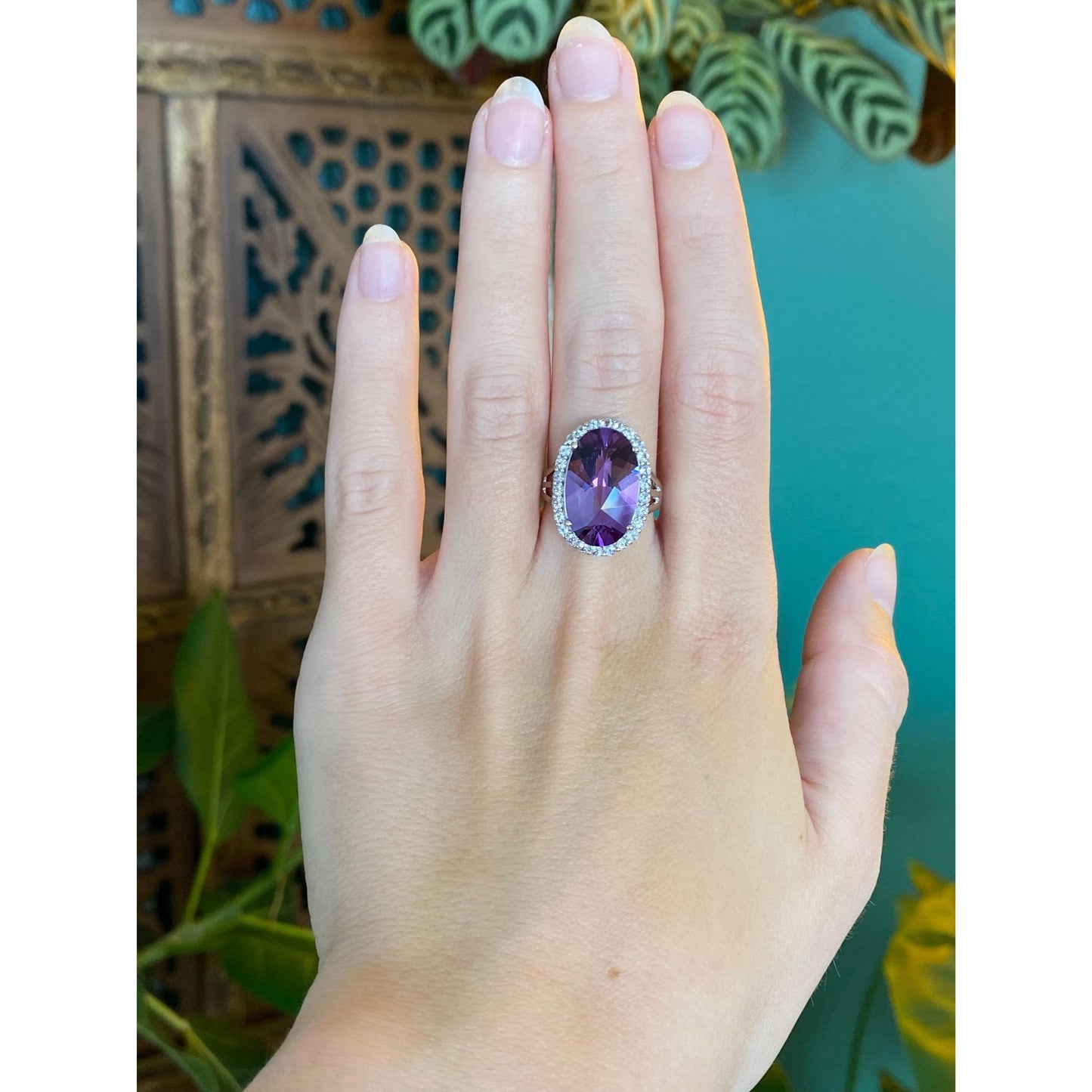 Vintage Solid 14k White Gold Amethyst Clear Spinel Halo Ring - Size 7