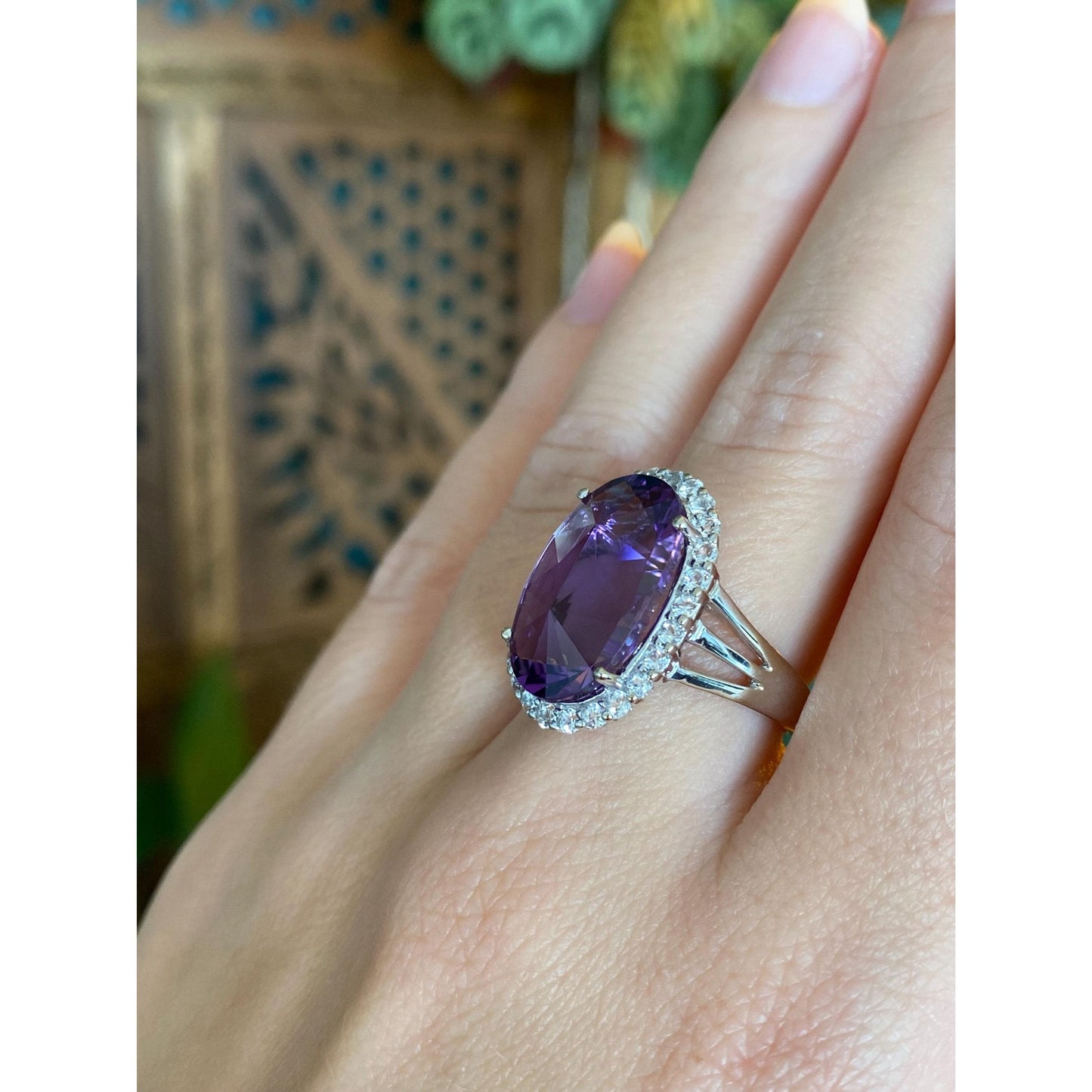 Vintage Solid 14k White Gold Amethyst Clear Spinel Halo Ring - Size 7