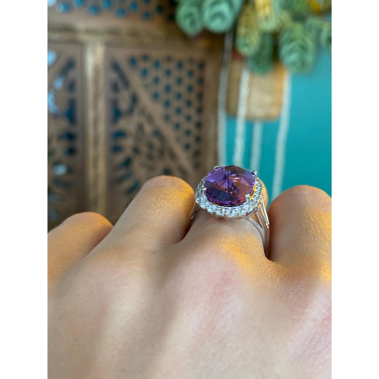 Vintage Solid 14k White Gold Amethyst Clear Spinel Halo Ring - Size 7