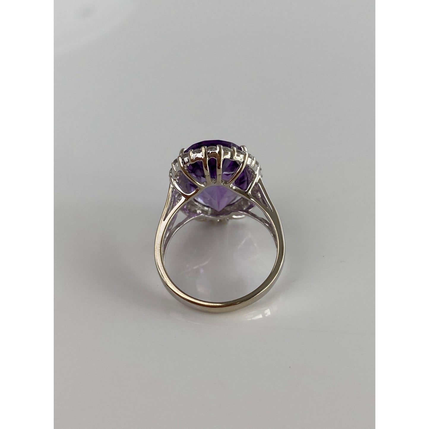 Vintage Solid 14k White Gold Amethyst Clear Spinel Halo Ring - Size 7