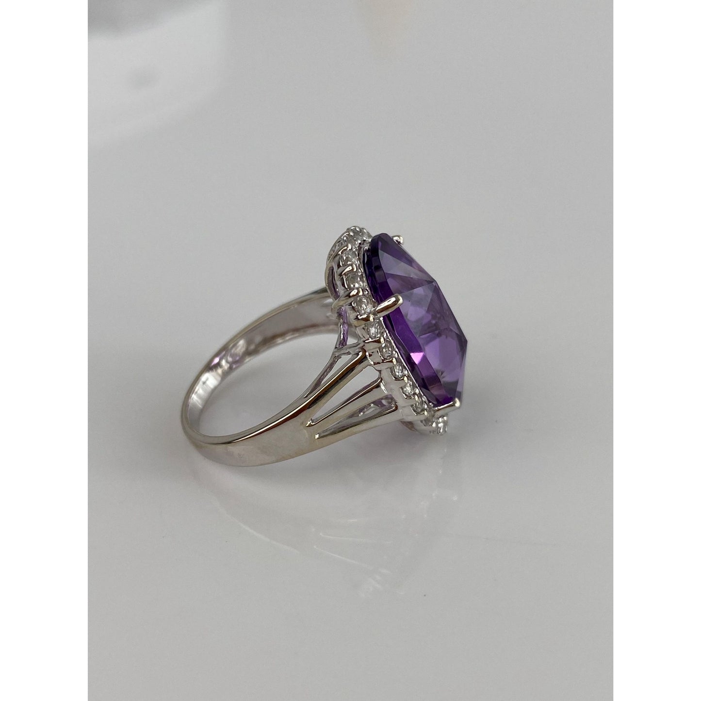 Vintage Solid 14k White Gold Amethyst Clear Spinel Halo Ring - Size 7