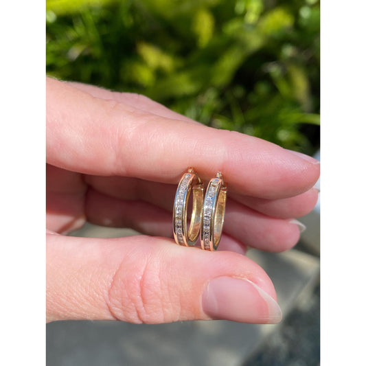 Vintage Solid 10k Yellow Gold Diamond Hoop Earrings