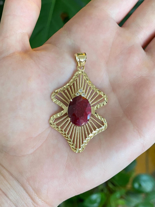 Vintage Solid 14k Yellow Gold Open Work Diamond Cut Ruby Clear Spinel Charm