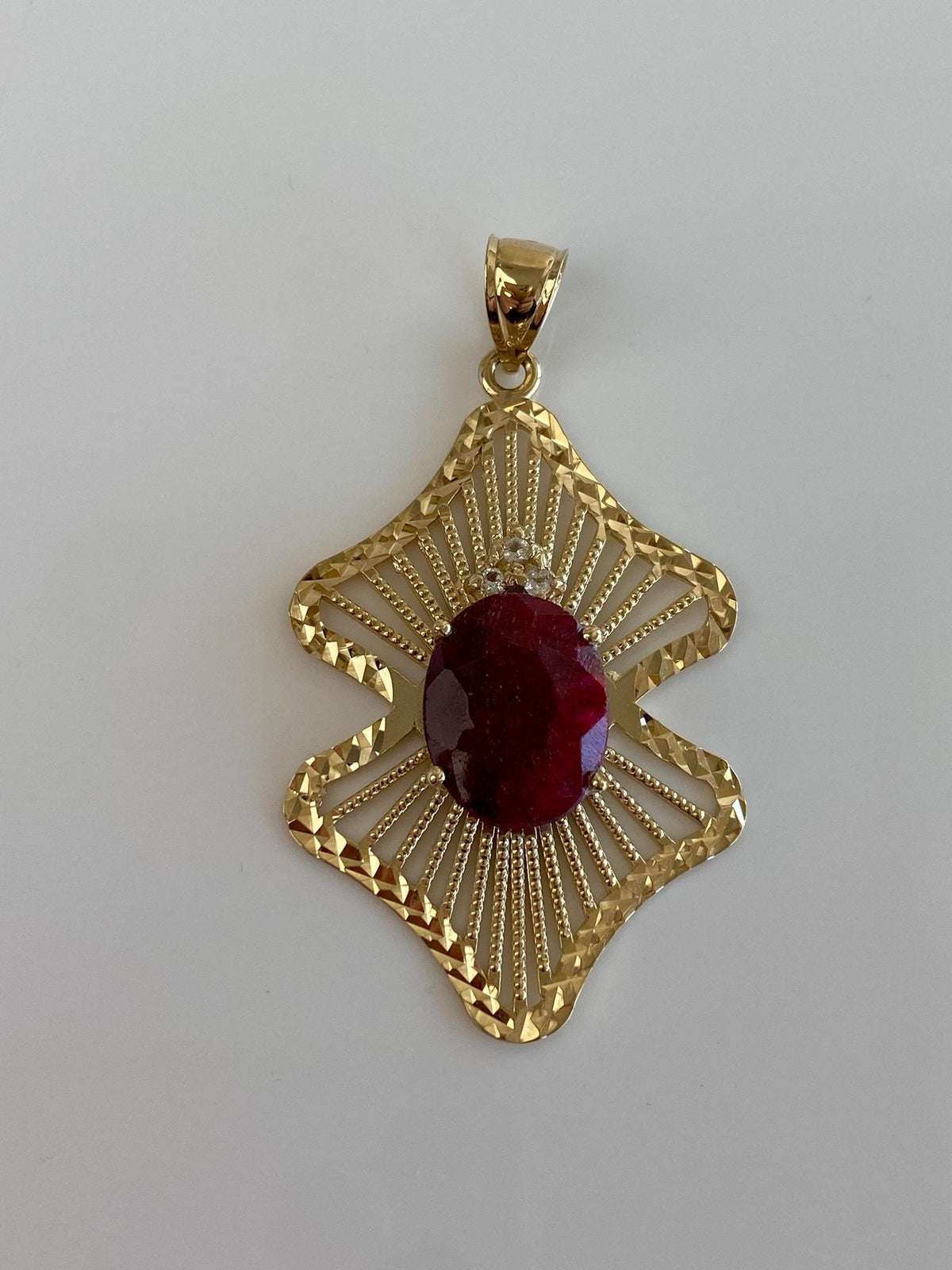 Vintage Solid 14k Yellow Gold Open Work Diamond Cut Ruby Clear Spinel Charm