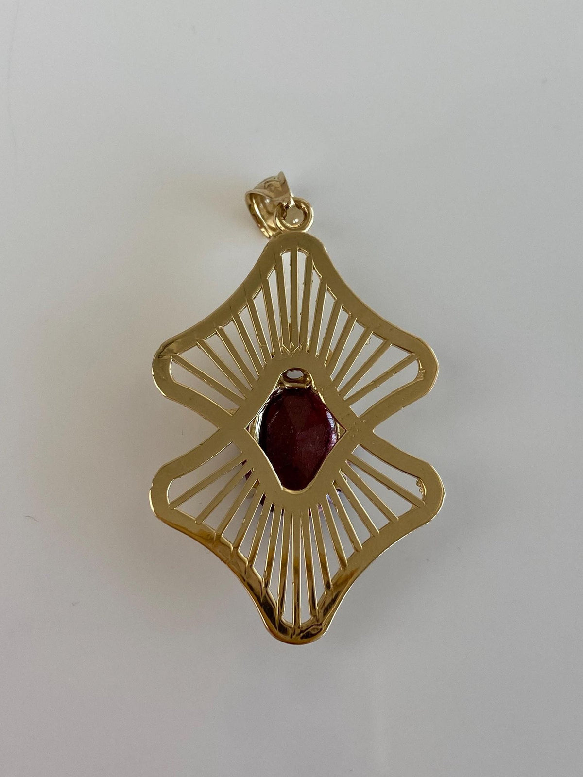 Vintage Solid 14k Yellow Gold Open Work Diamond Cut Ruby Clear Spinel Charm
