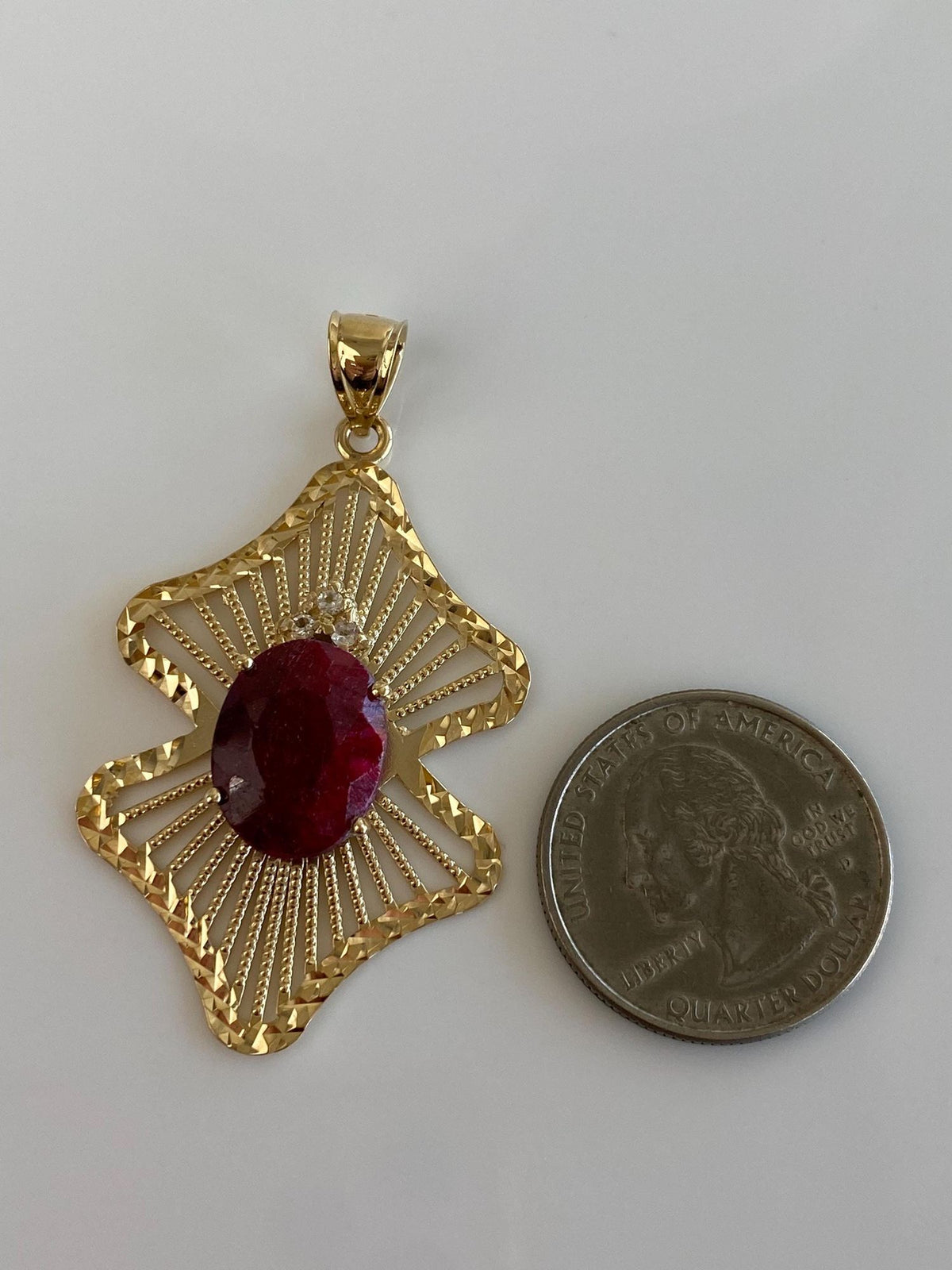 Vintage Solid 14k Yellow Gold Open Work Diamond Cut Ruby Clear Spinel Charm