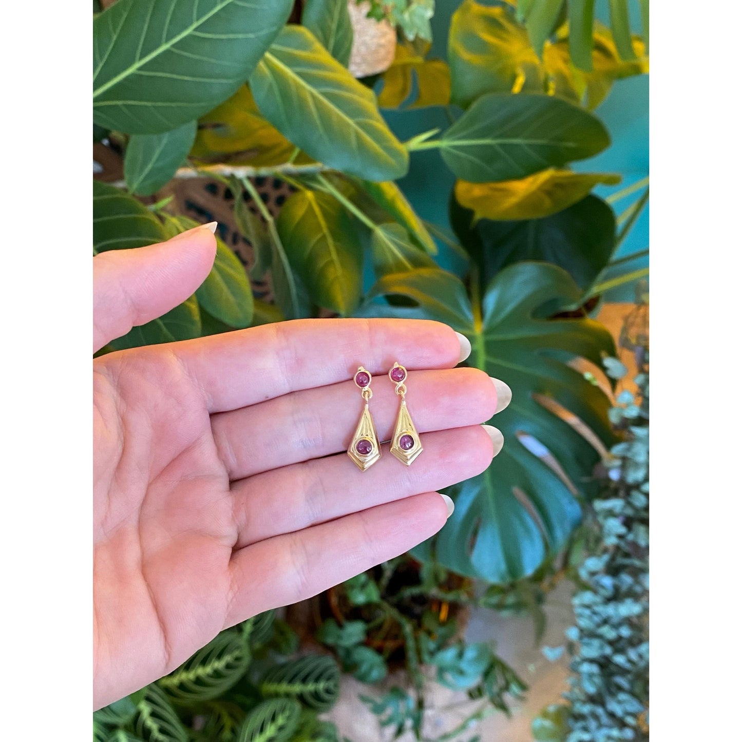 Solid 14k Yellow Gold Pink Spinel Dangle Stud Earrings