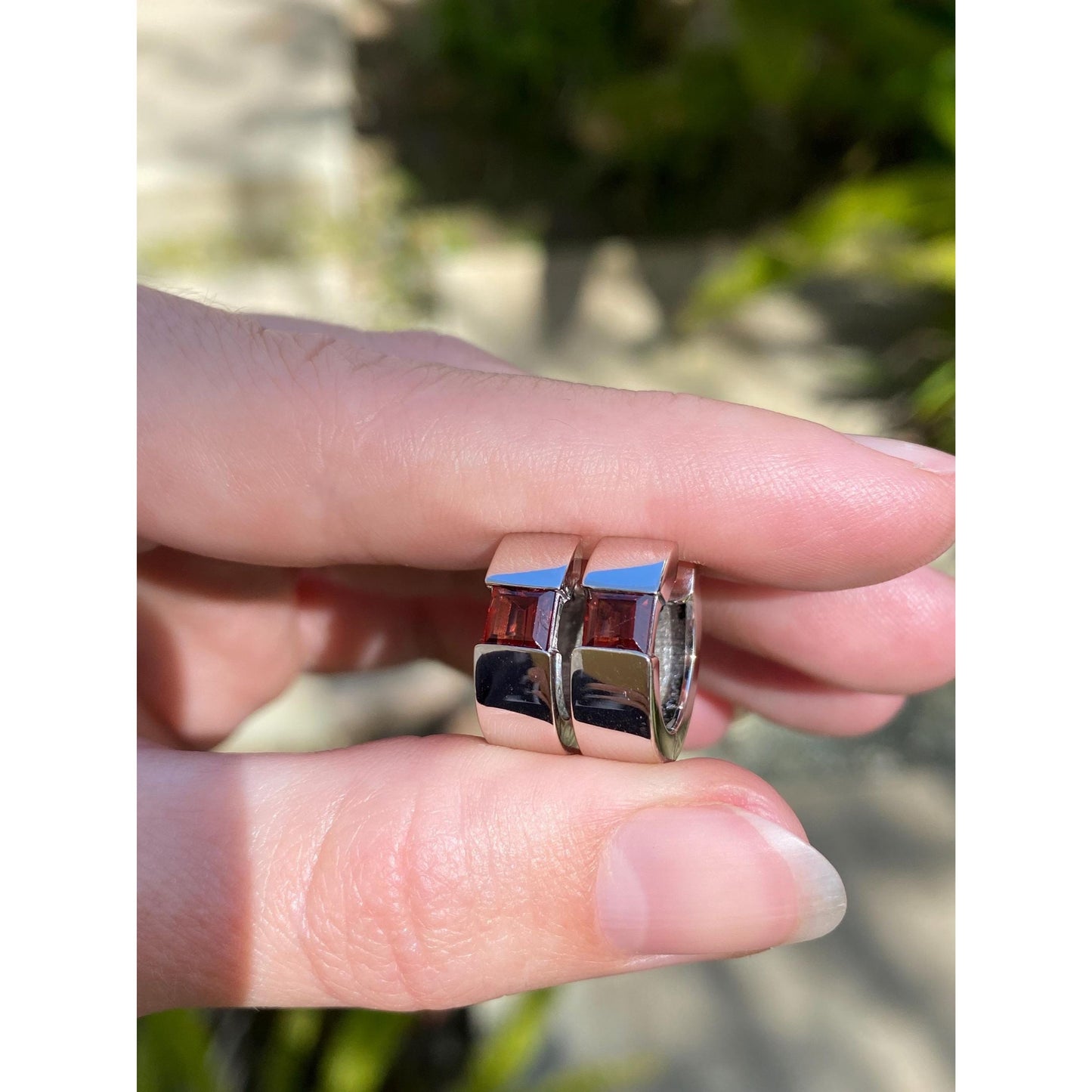 Vintage Solid 18k White Gold Garnet Hoop Earrings