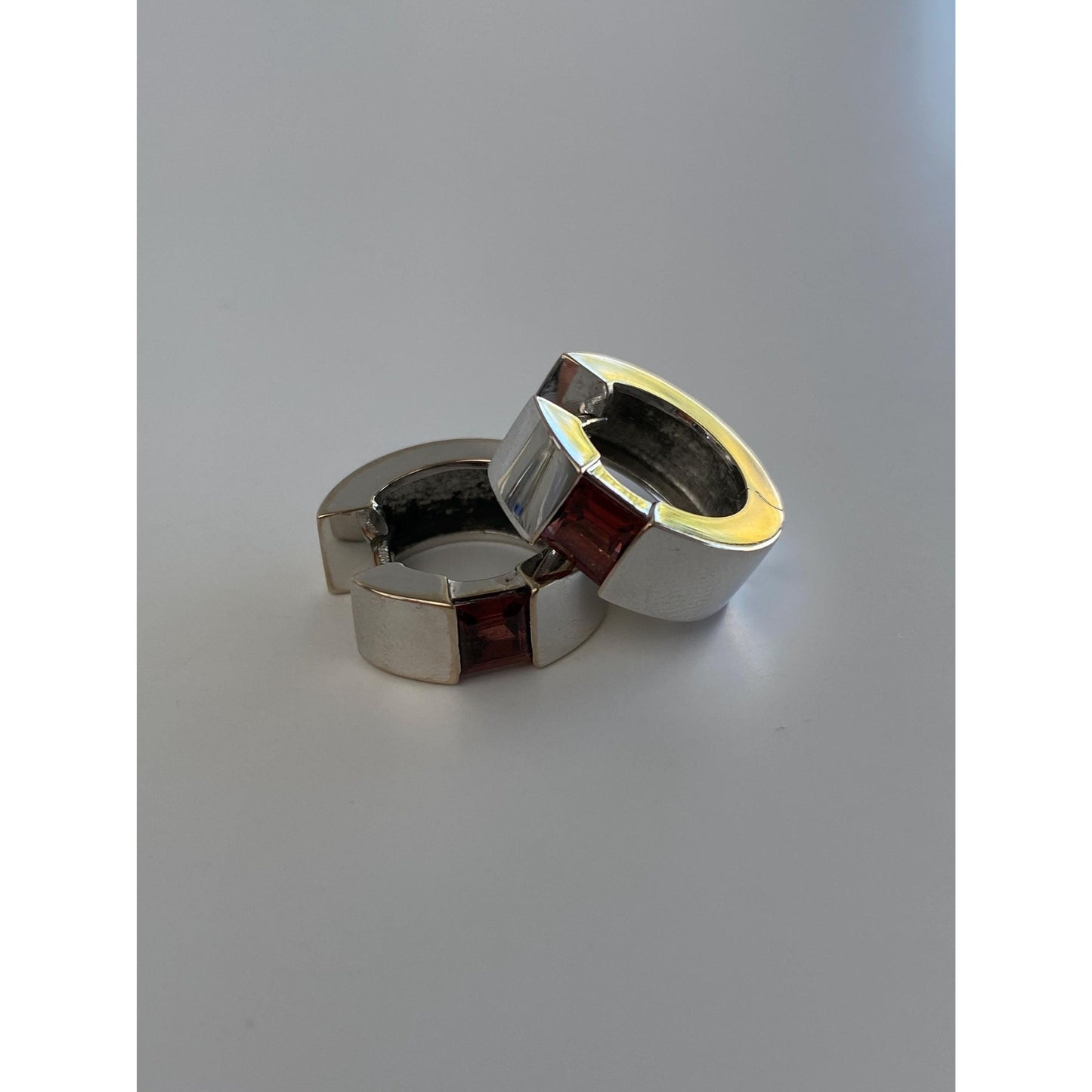 Vintage Solid 18k White Gold Garnet Hoop Earrings