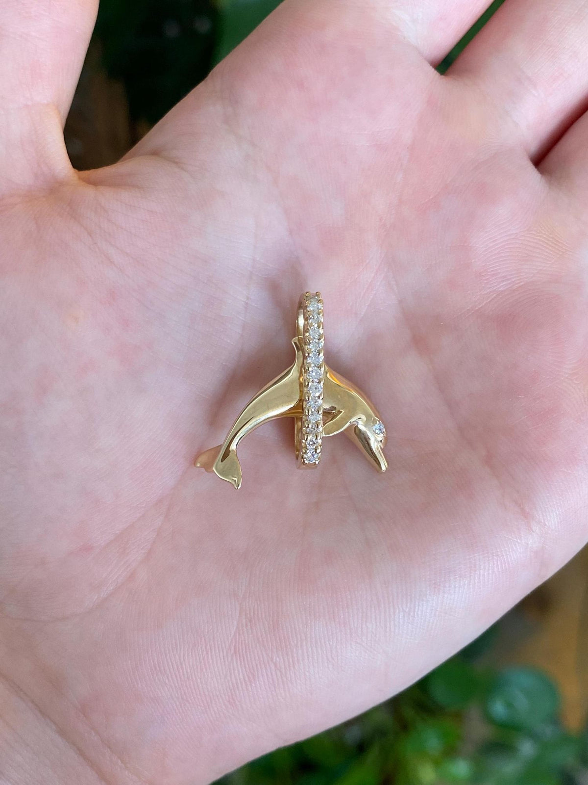 Vintage Solid 14k Yellow Gold Diamonds Dolphin Hoop Charm