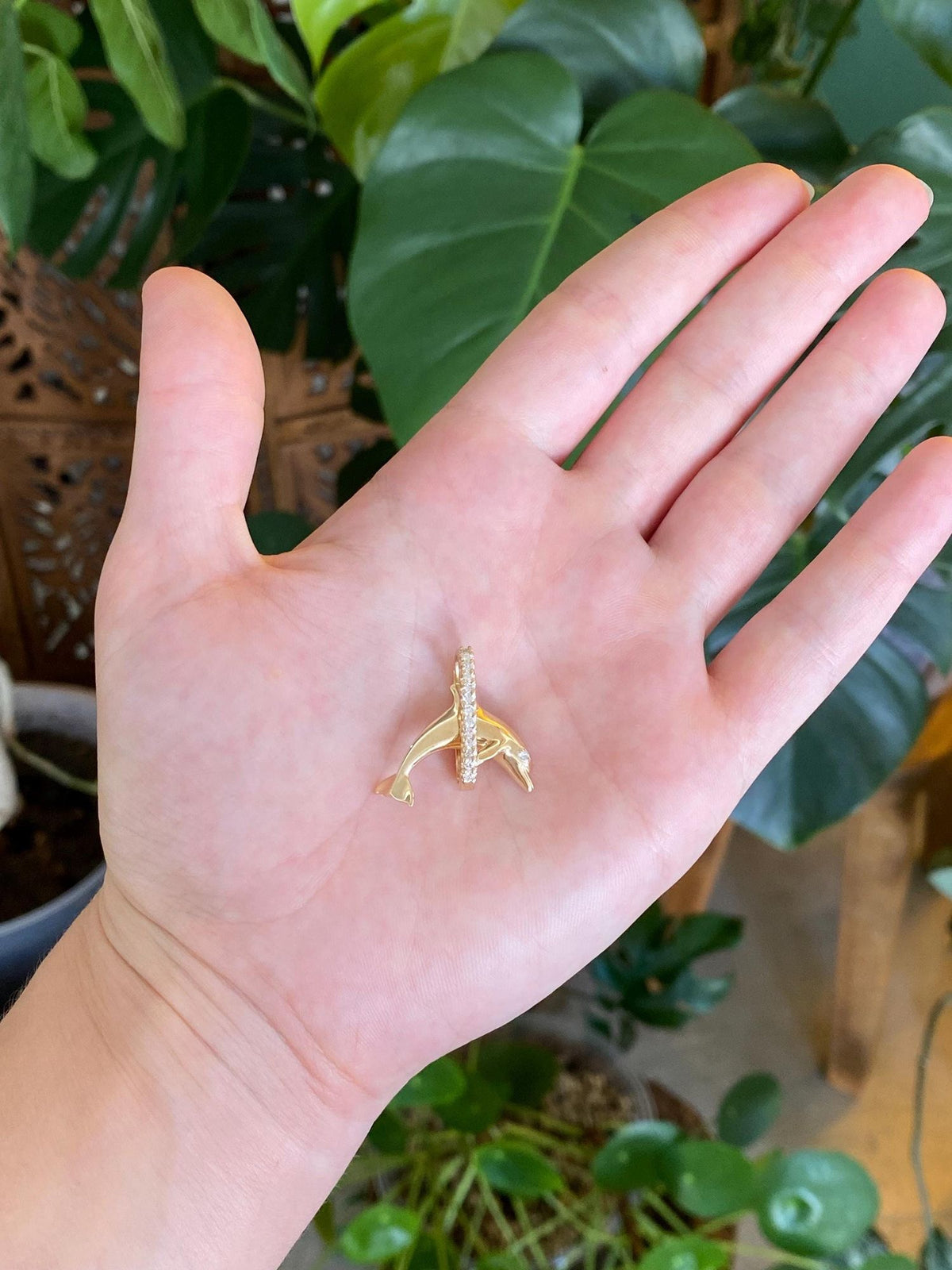 Vintage Solid 14k Yellow Gold Diamonds Dolphin Hoop Charm