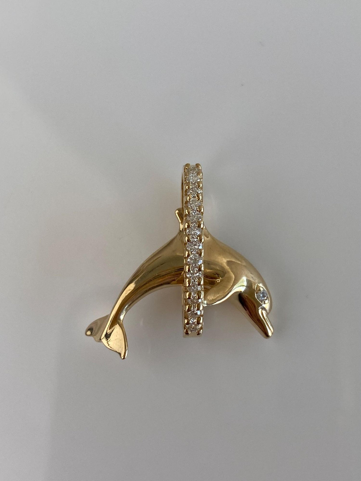 Vintage Solid 14k Yellow Gold Diamonds Dolphin Hoop Charm