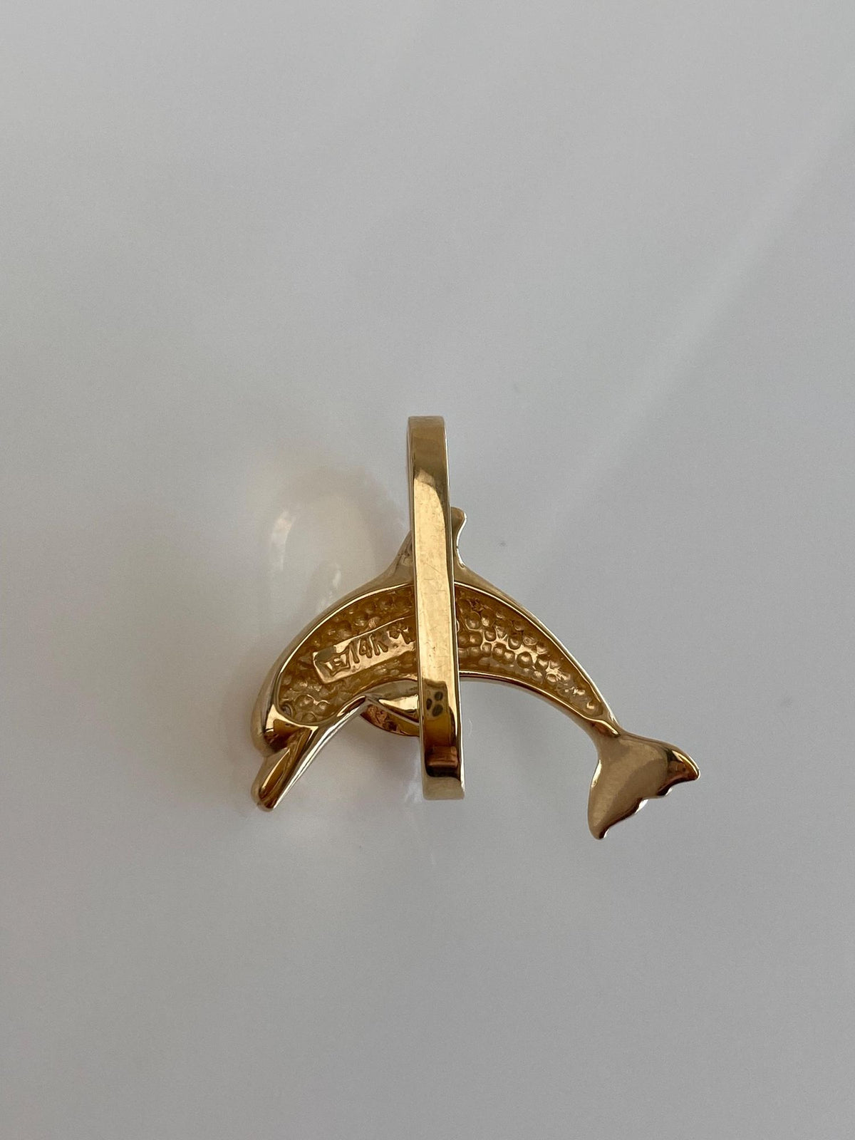 Vintage Solid 14k Yellow Gold Diamonds Dolphin Hoop Charm