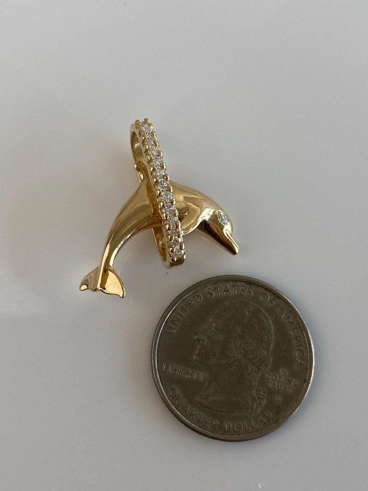 Vintage Solid 14k Yellow Gold Diamonds Dolphin Hoop Charm