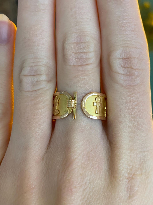 Vintage Solid 18k Yellow Gold Egyptian Open Ring Band - Size 9.5