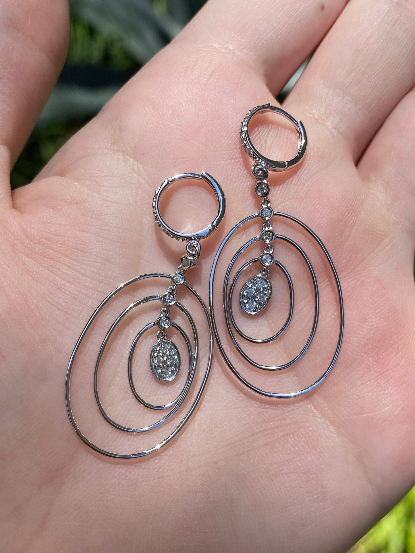 Solid 14k White Gold Diamond Geometric Dangle Hoop Earrings