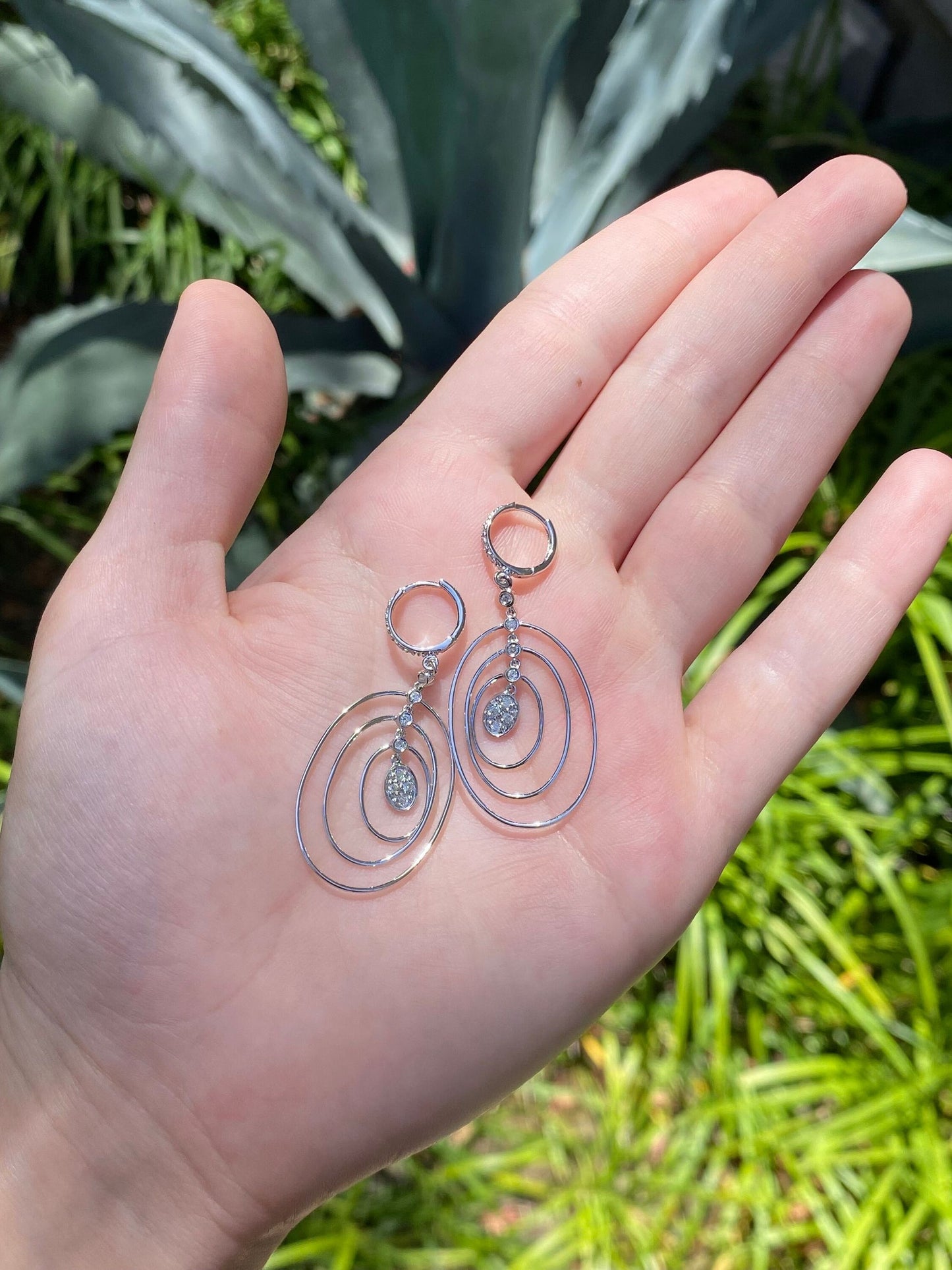 Solid 14k White Gold Diamond Geometric Dangle Hoop Earrings