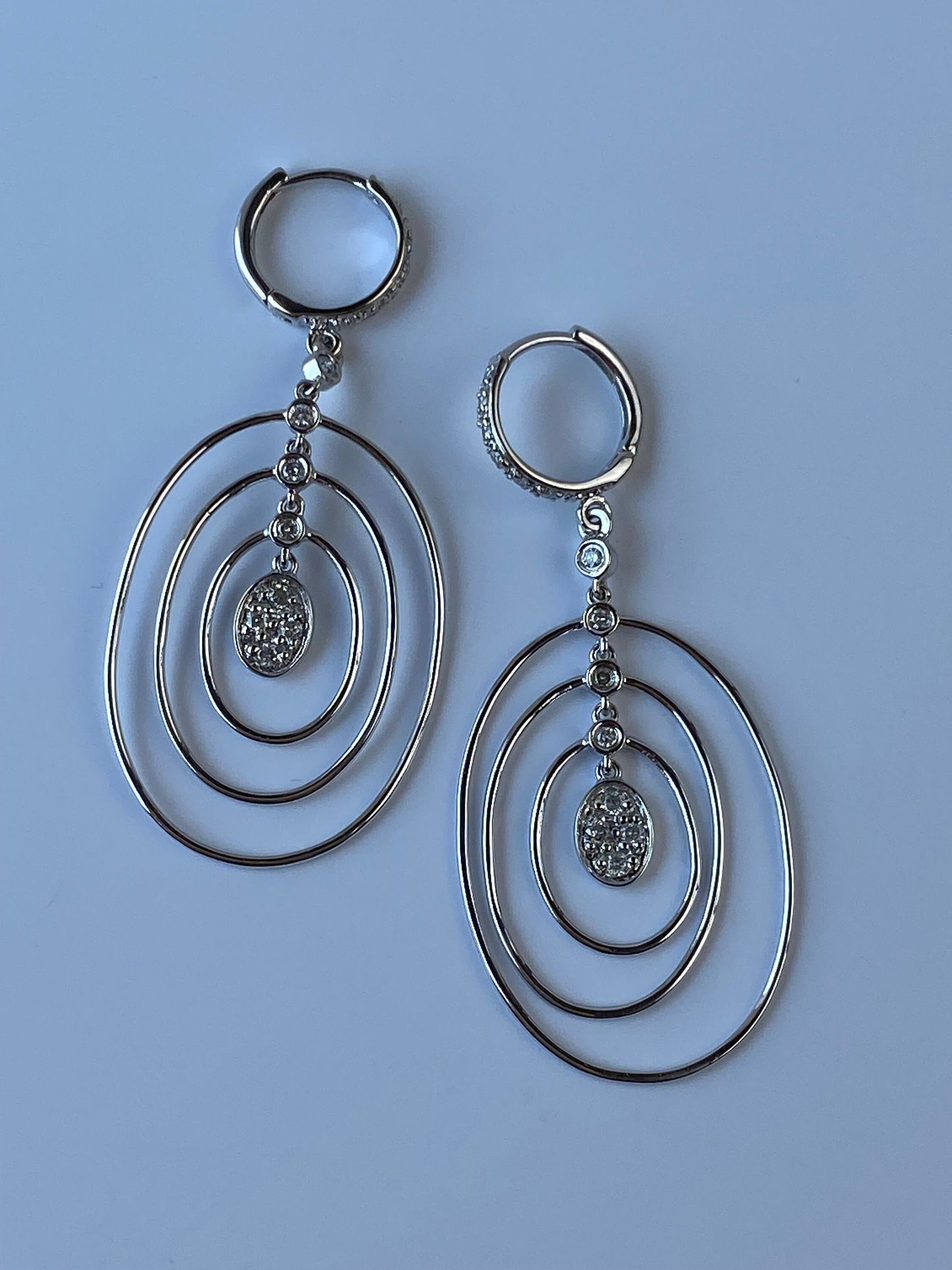 Solid 14k White Gold Diamond Geometric Dangle Hoop Earrings
